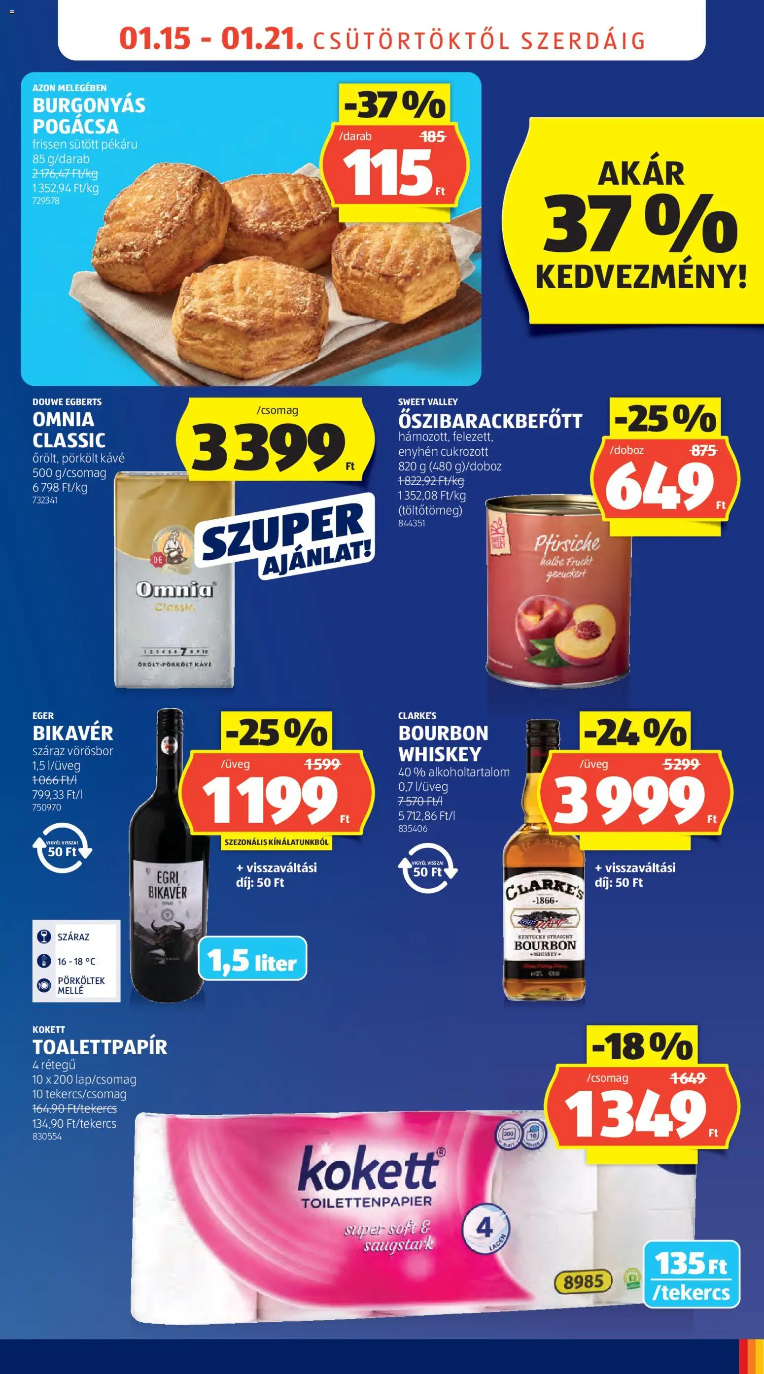 Aldi akciós ujság - amely érvényes a következő dátumtól: 15.01.2026 | Oldal: 15 | Termékek: Whiskey, Bourbon, Kávé, Pogácsa