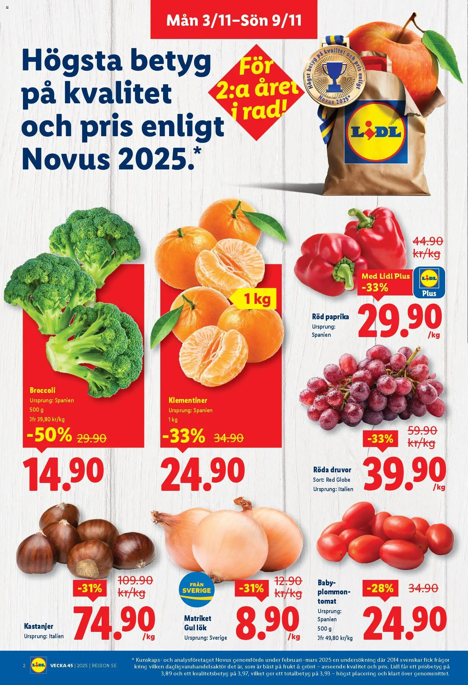 Lidl reklamblad aktuell från 03.11.2025 | Sida: 2 | Produkter: Plommon, Gul lök, Broccoli, Röd paprika