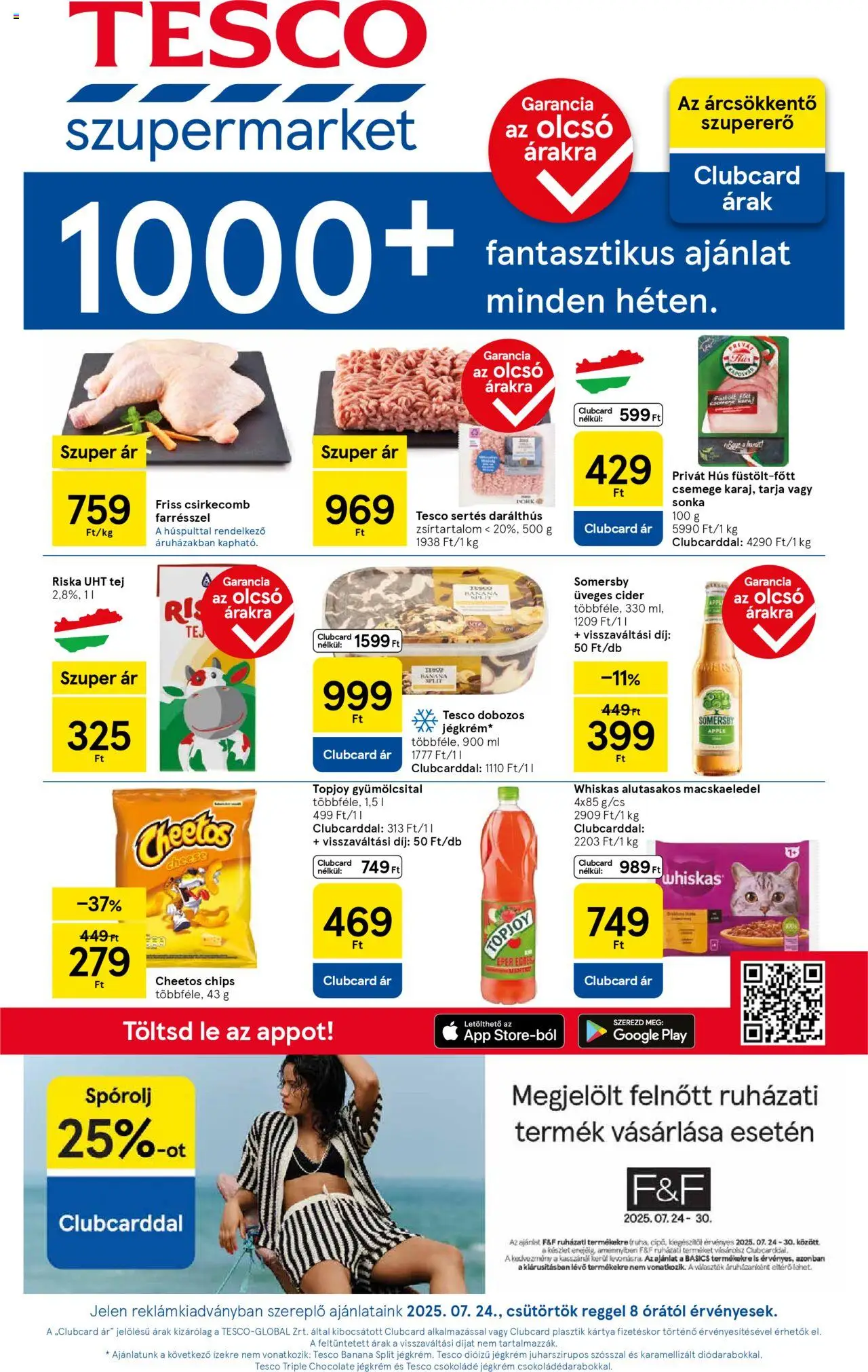 Tesco akciós ujság - amely érvényes a következő dátumtól: 24.07.2025 | Oldal: 1 | Termékek: Sonka, Tej, Csokoládé, Eper