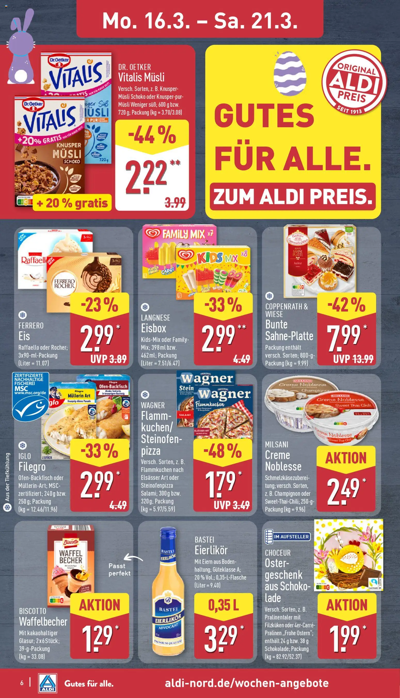 Aldi Prospekt 	 – gültig ab 16.03.2026 | Seite: 6 | Produkte: Raffaello, Creme noblesse, Iglo, Pizza