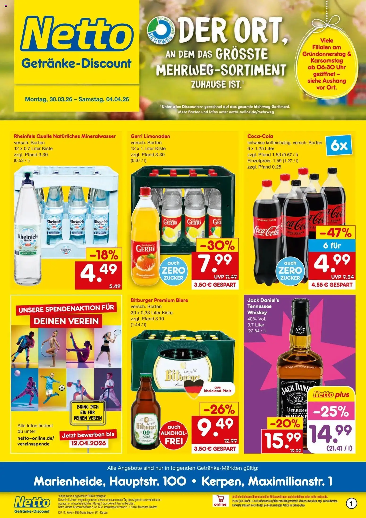 Netto Marken-Discount Prospekt Kerpen	 – gültig ab 30.03.2026 | Seite: 1 | Produkte: Bitburger, Coca cola, Cola, Mineralwasser