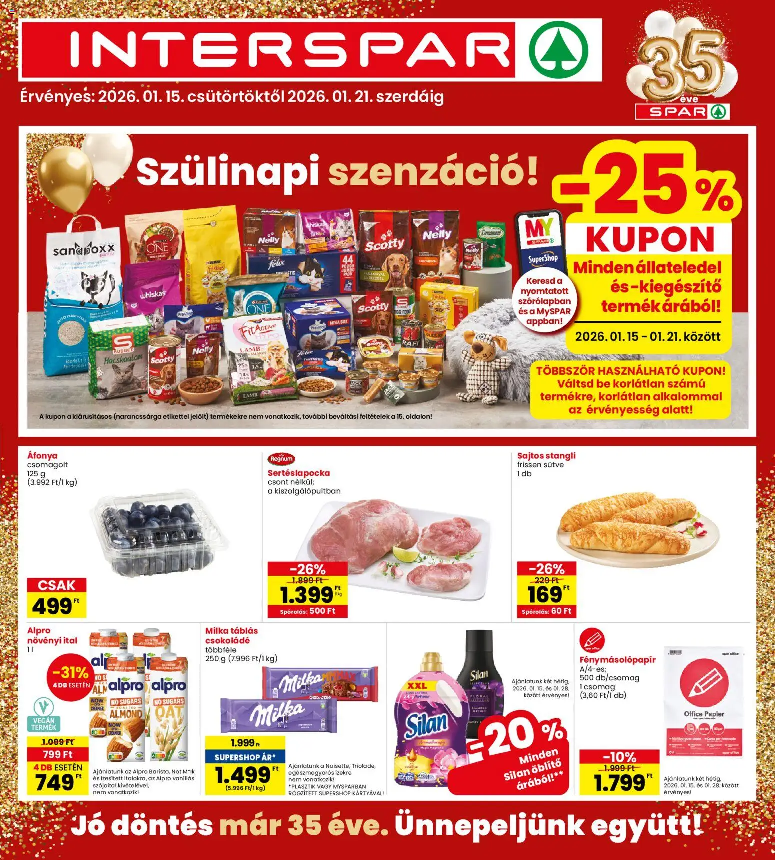Interspar akciós ujság - amely érvényes a következő dátumtól: 15.01.2026 | Oldal: 1 | Termékek: Sertéslapocka, Stangli, Whiskas, Csokoládé