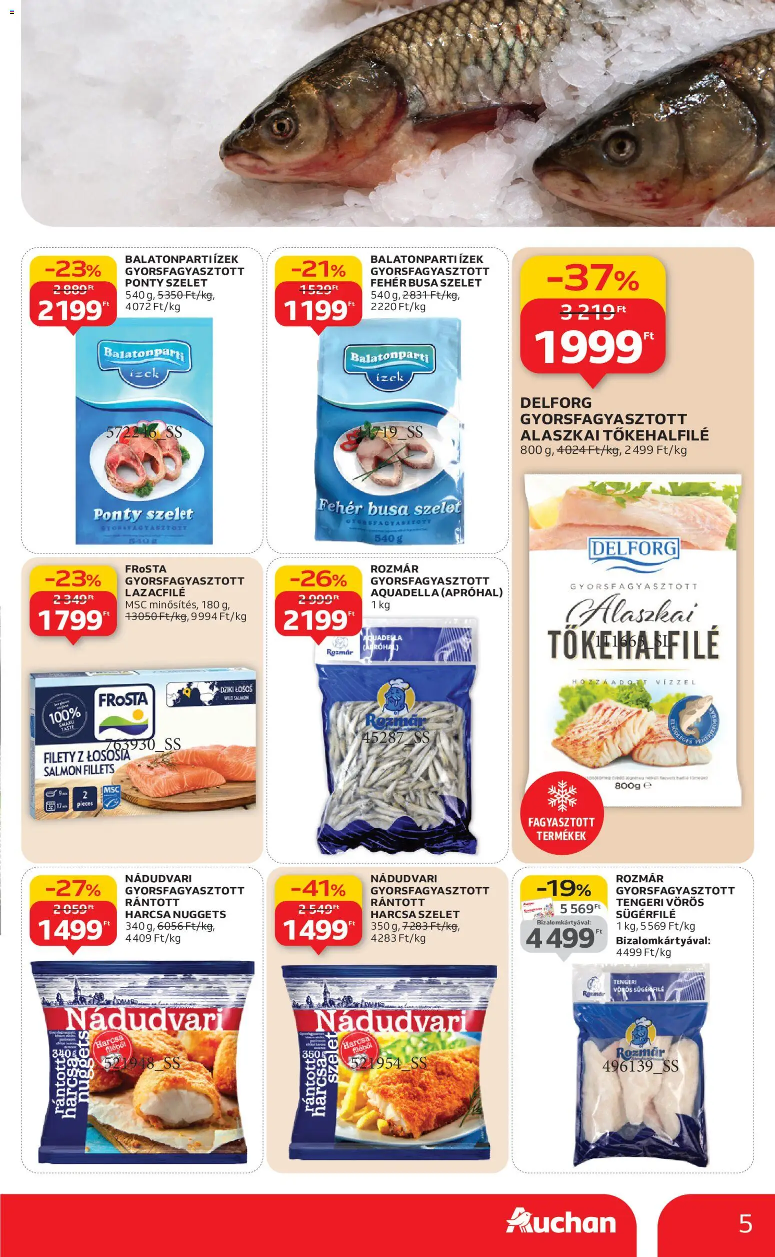Auchan akciós ujság - amely érvényes a következő dátumtól: 08.01.2026 | Oldal: 5 | Termékek: Ponty, Lazacfilé, Alaszkai tőkehalfilé, Nuggets