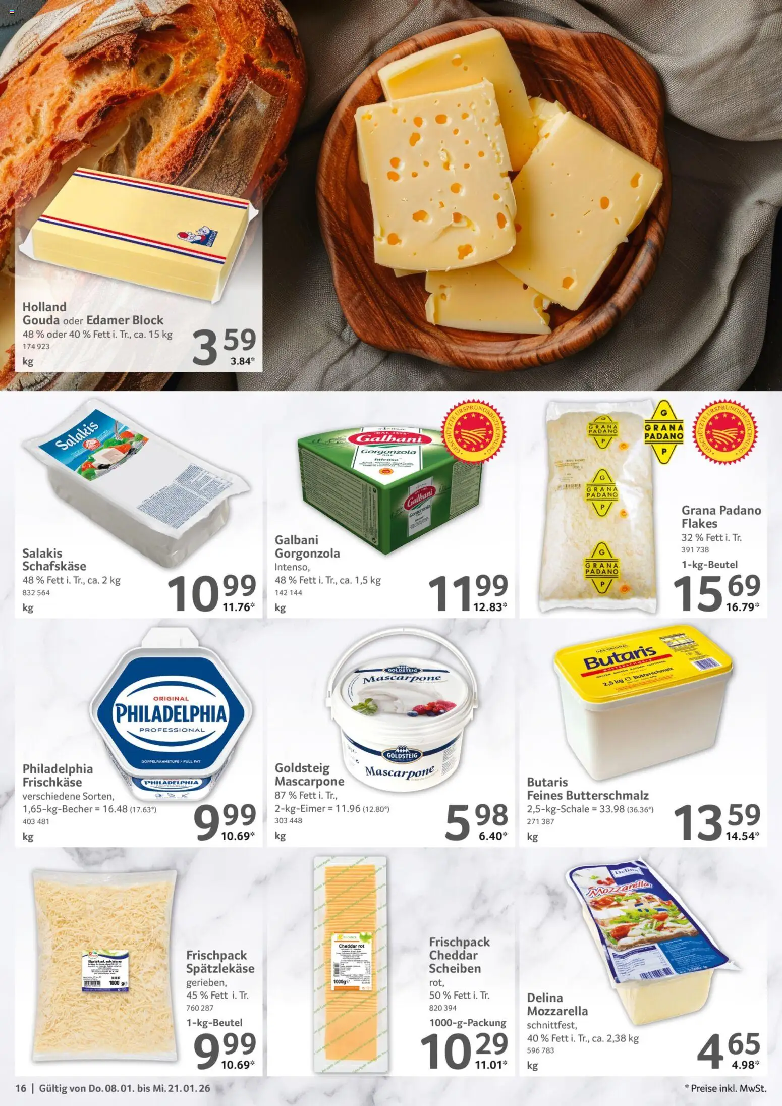 Selgros Gastronomie – gültig ab 08.01.2026 | Seite: 16 | Produkte: Butterschmalz, Mascarpone, Philadelphia, Edamer