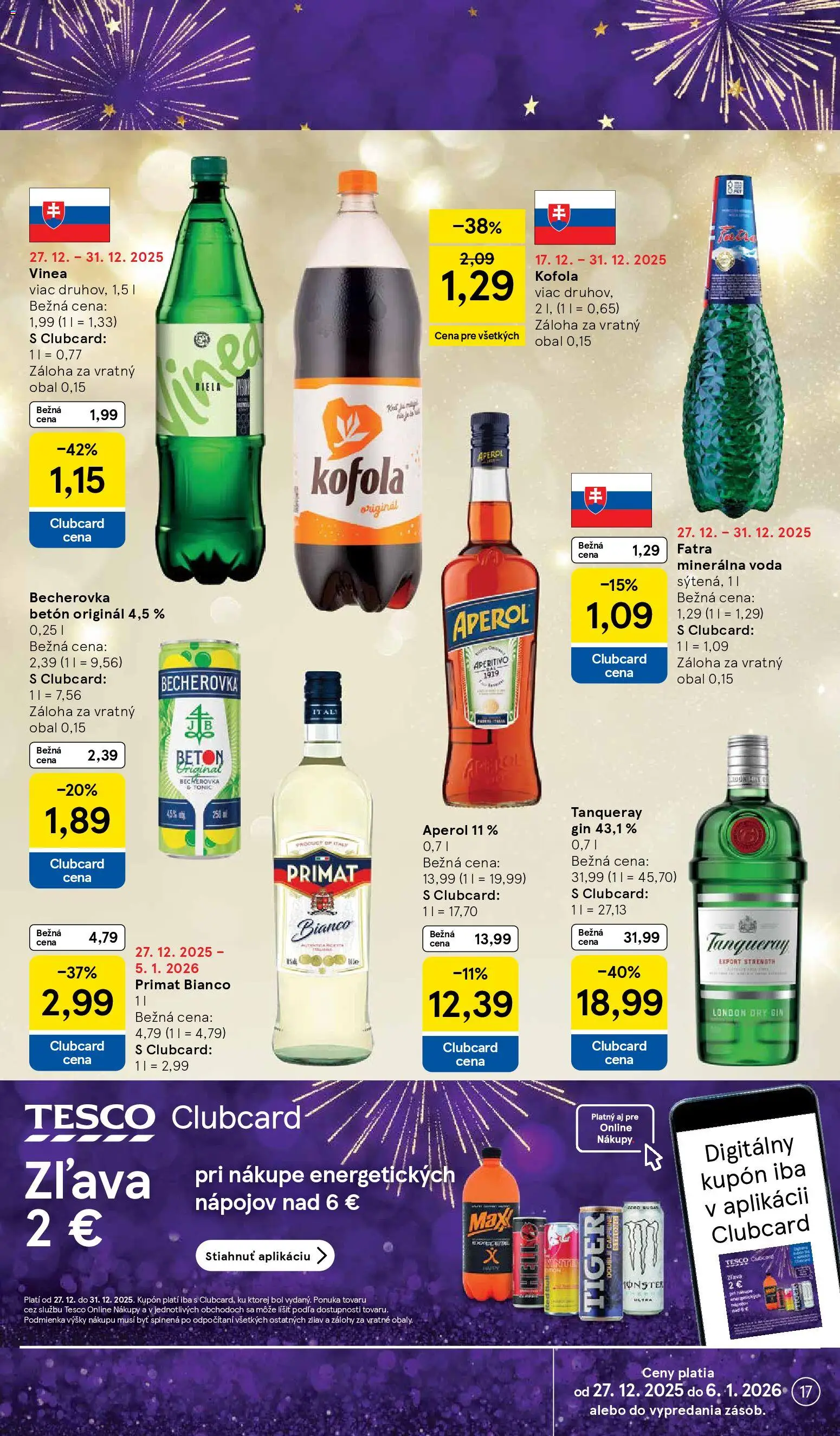 Nové Tesco akcie – leták je platný od 27.12.2025 | Strana: 17 | Produkty: Becherovka, Kofola, Gin, Vinea