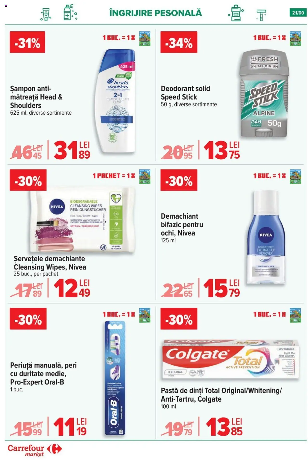 Noul catalog Carrefour – valabil de la 17.09.2025 | Pagină: 21 | Produse: Șampon, Deodorant, Pastă de dinți, Șervețele demachiante