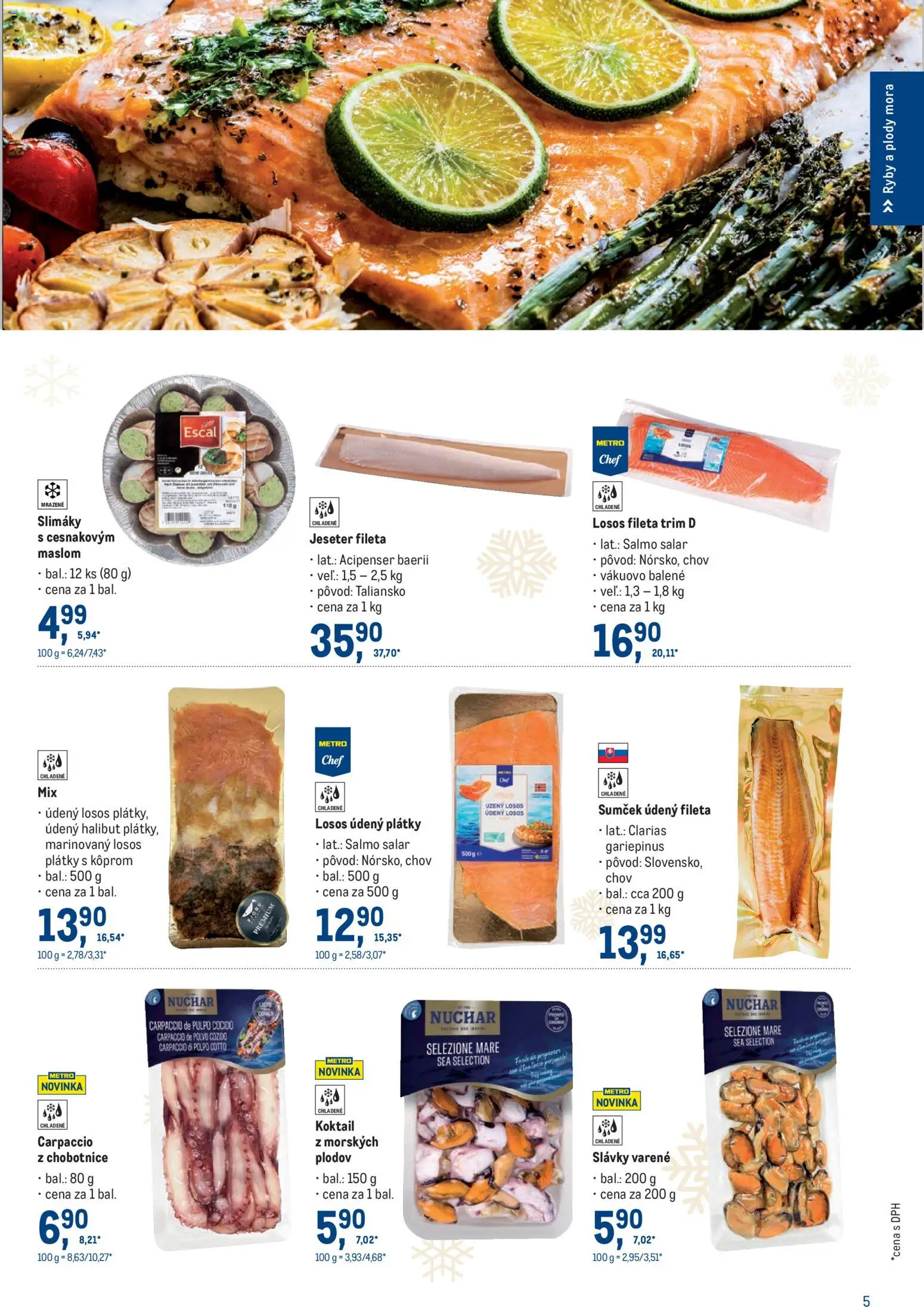 Nové Metro akcie – leták je platný od 19.11.2025 | Strana: 5 | Produkty: Slimáky, Ryby, Losos