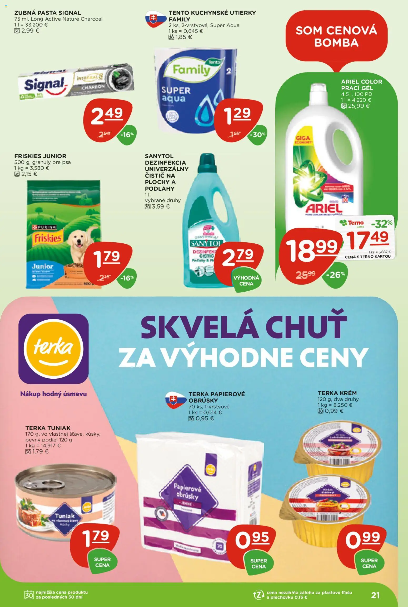 Nové Terno akcie – leták je platný od 30.04.2026 | Strana: 21 | Produkty: Tuniak, Friskies, Zubná pasta, Ariel
