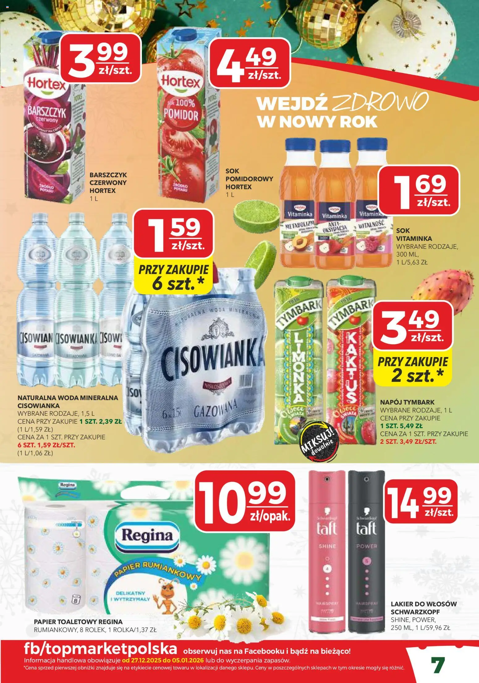 Top Market Gazetka od 27.12.2025 | Strona: 7 | Produkty: Papier toaletowy, Lakier do włosów, Woda
