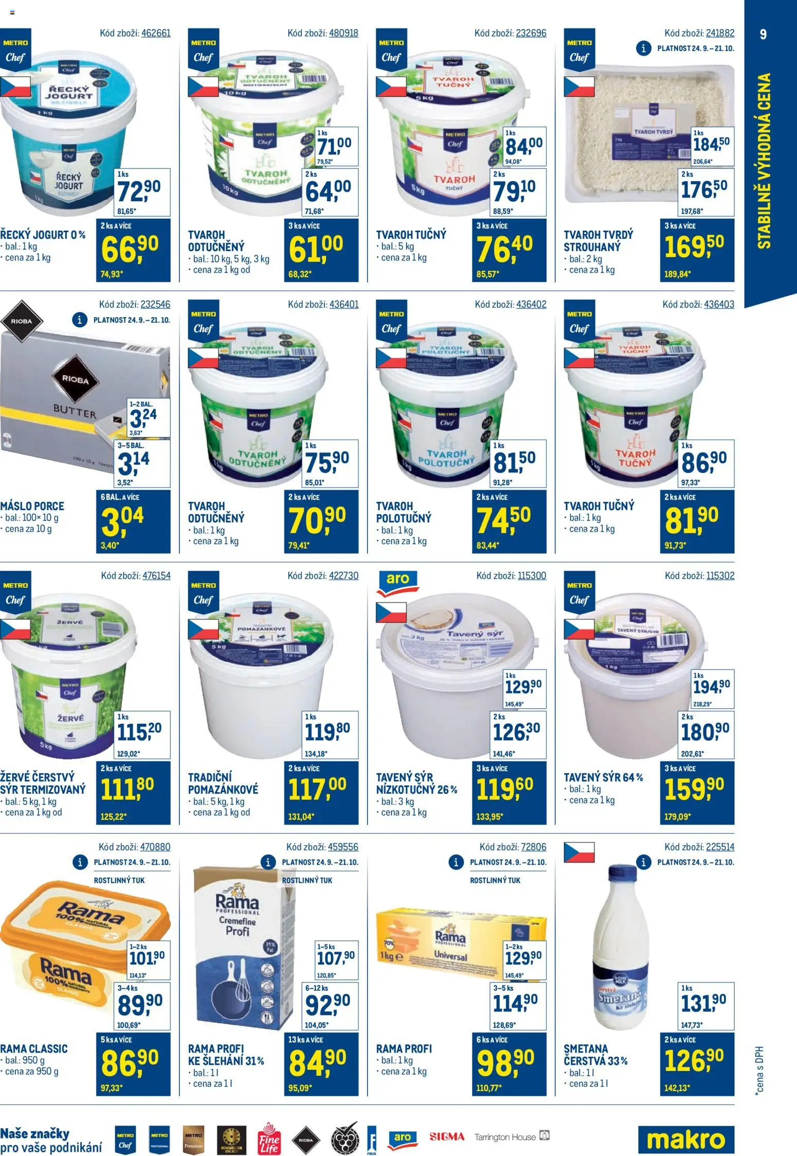 Makro leták - Stabilně výhodná cena – gastronomie od 24.09.2025 | Strana: 9 | Produkty: Řecký jogurt, Smetana, Tvaroh odtučněný, Tvaroh tučný