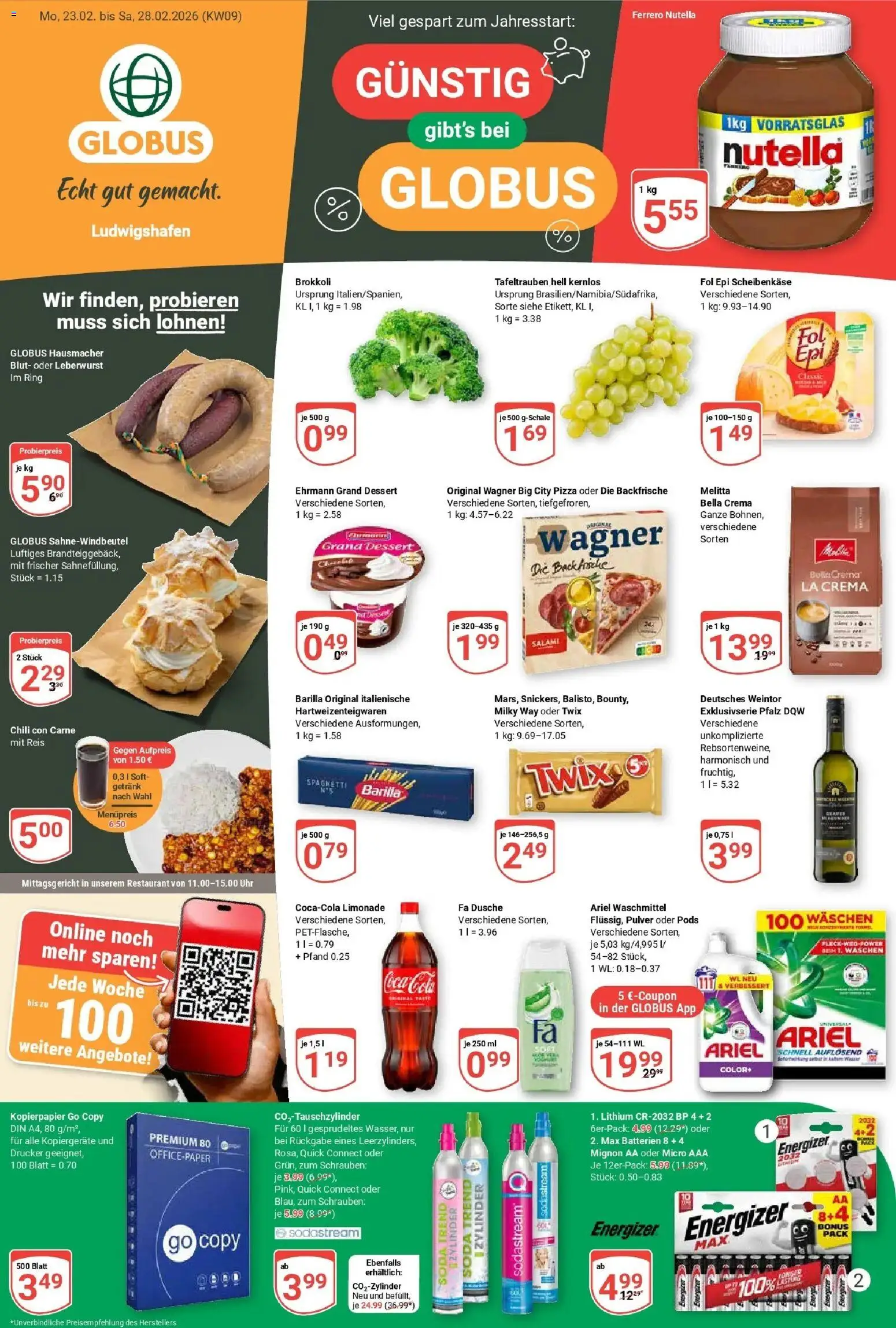 Globus Prospekt Ludwigshafen-Oggersheim – gültig ab 23.02.2026 | Seite: 1 | Produkte: Melitta, Ehrmann grand dessert, Chili, Salami