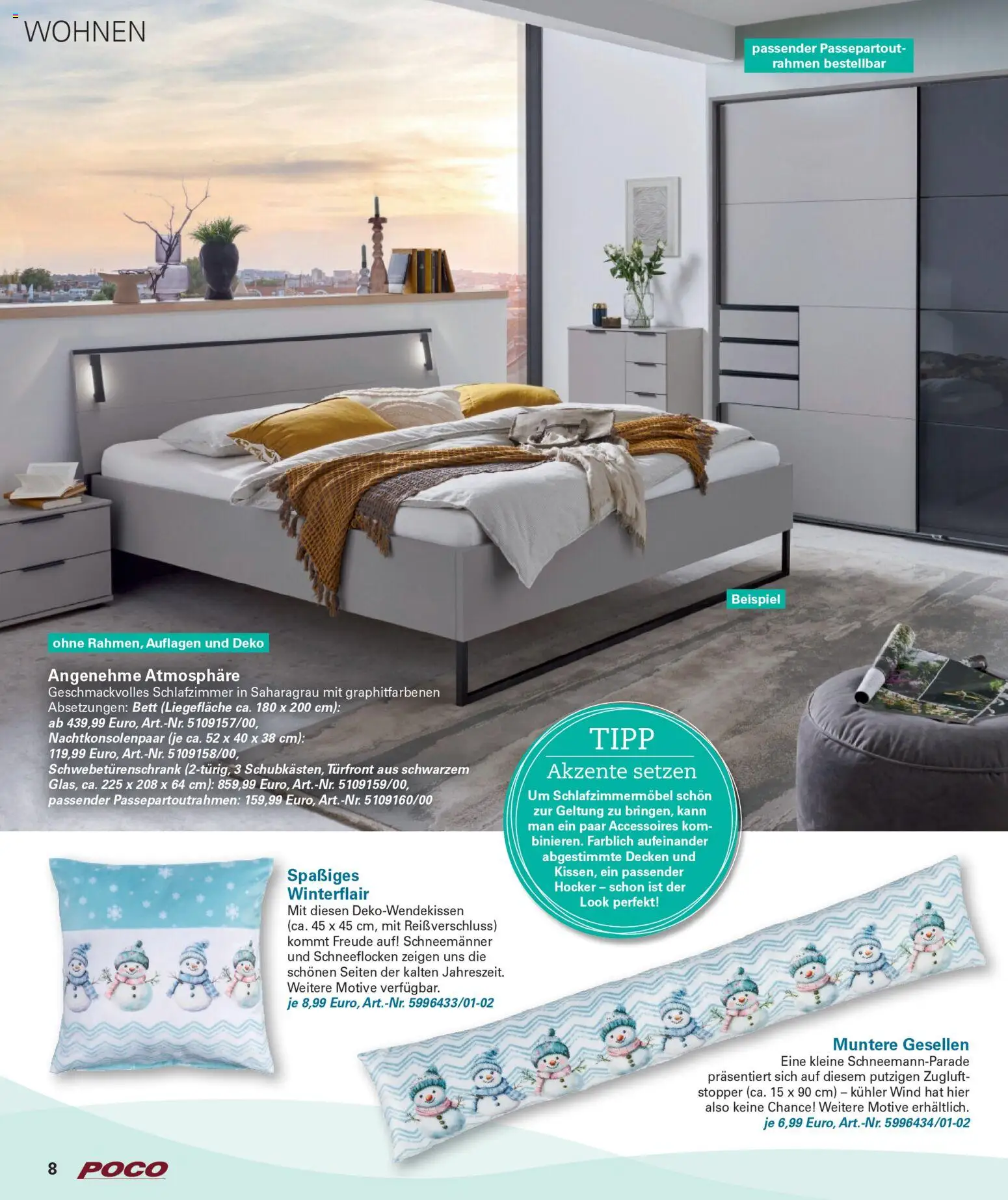 Poco Wohnwelt Winter 2025 – gültig ab 01.12.2025 | Seite: 8 | Produkte: Hocker, Bett, Schwebetürenschrank