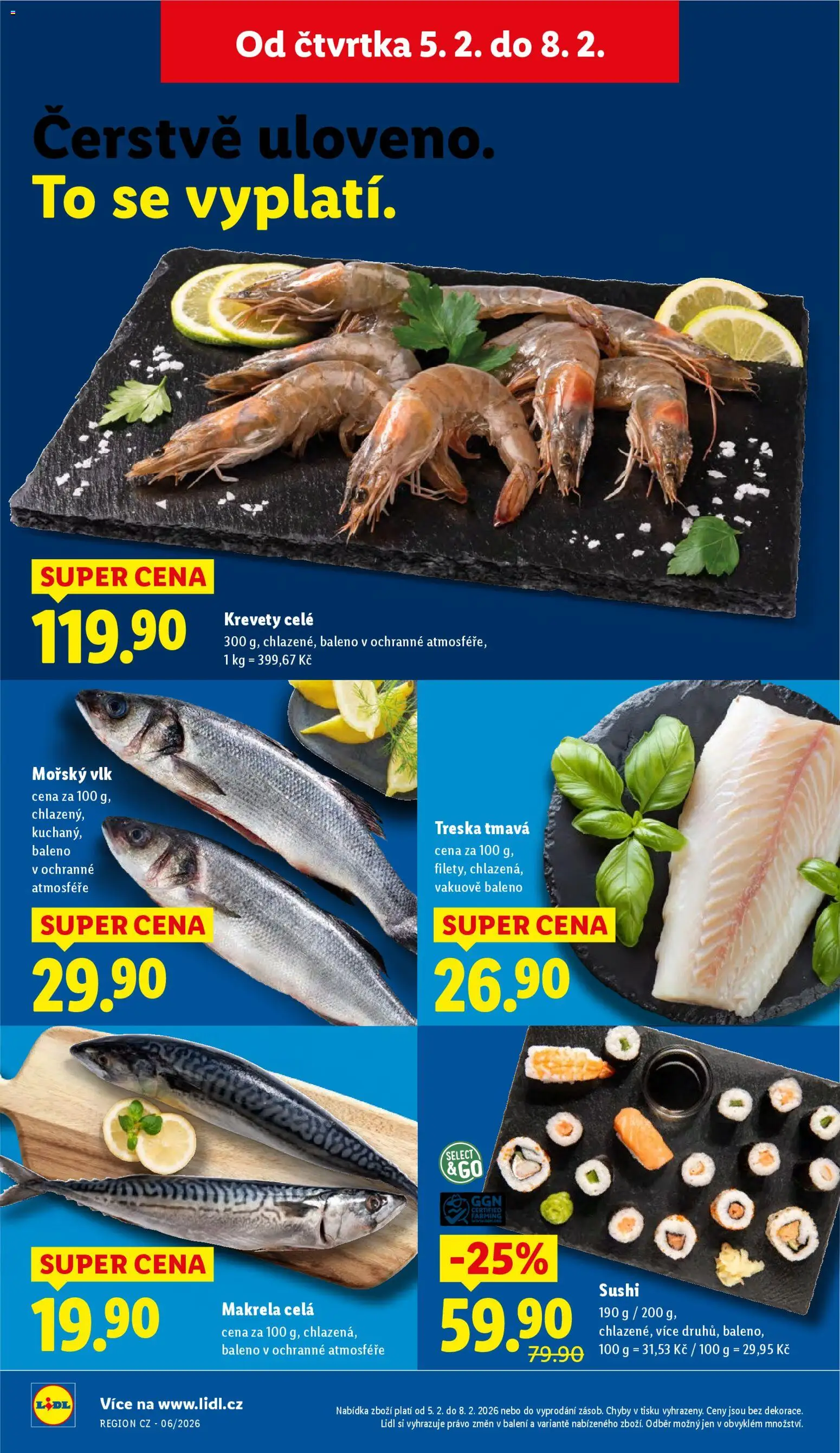 Lidl leták od 05.02.2026 | Strana: 12 | Produkty: Treska, Sushi, Makrela, Krevety
