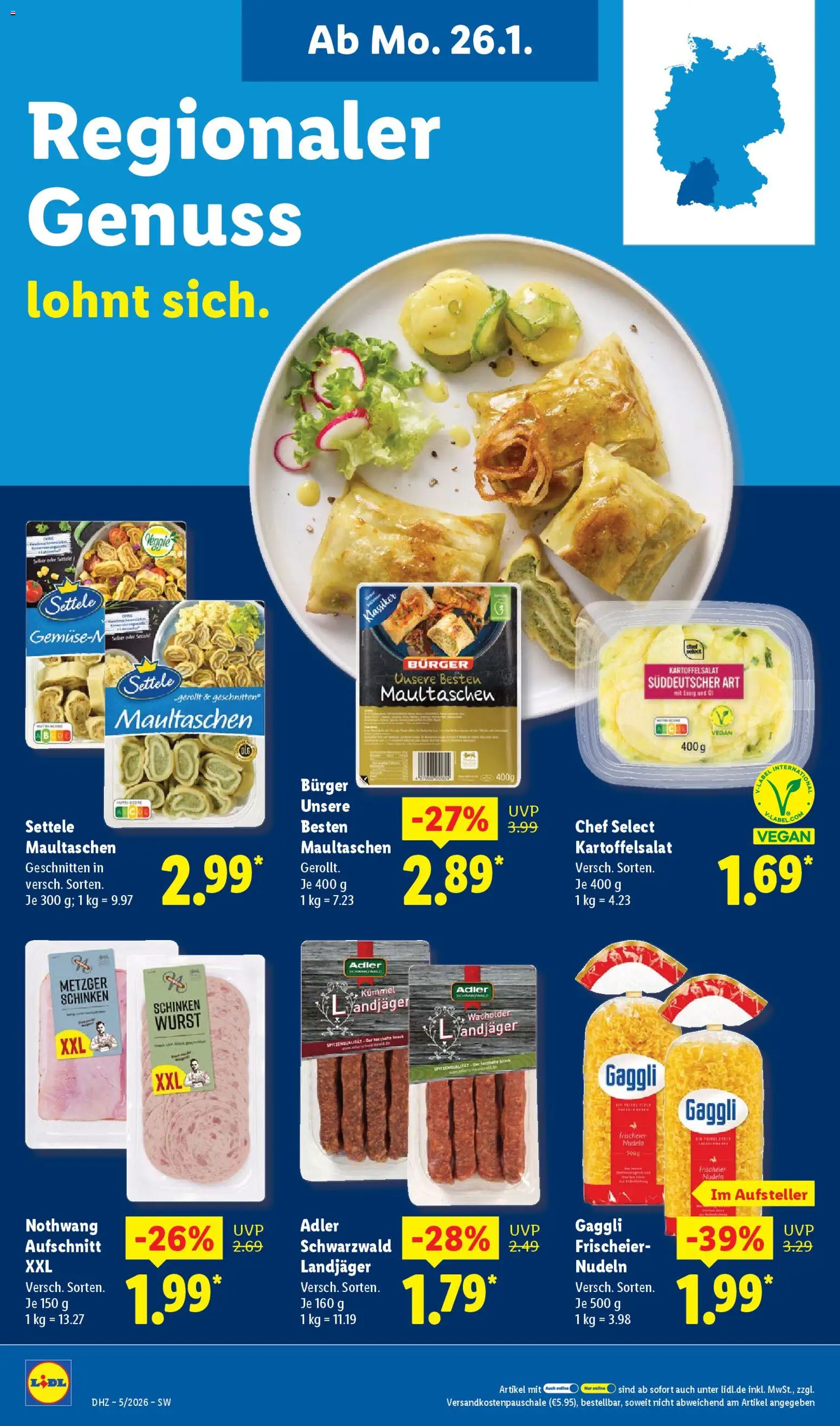 Lidl Prospekt Gundelsheim – gültig ab 26.01.2026 | Seite: 16 | Produkte: Burger, Schinken, Nudeln, Maultaschen