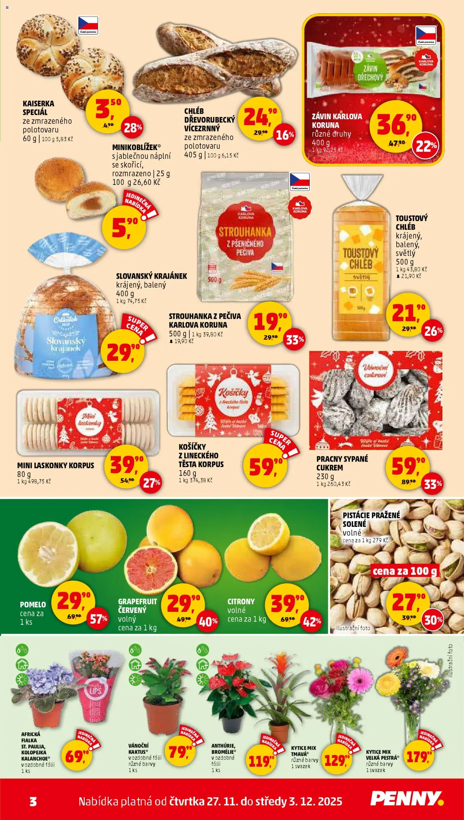 Penny Market leták - Čtvrtečník od 27.11.2025 | Strana: 3 | Produkty: Laskonky korpus, Pistácie, Kytice, Strouhanka