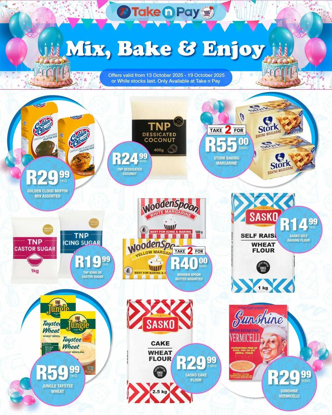 New Take n Pay catalogue – valid from 13.10.2025 | Page: 5 | Products: Muffins, Icing sugar, Flour, Sugar