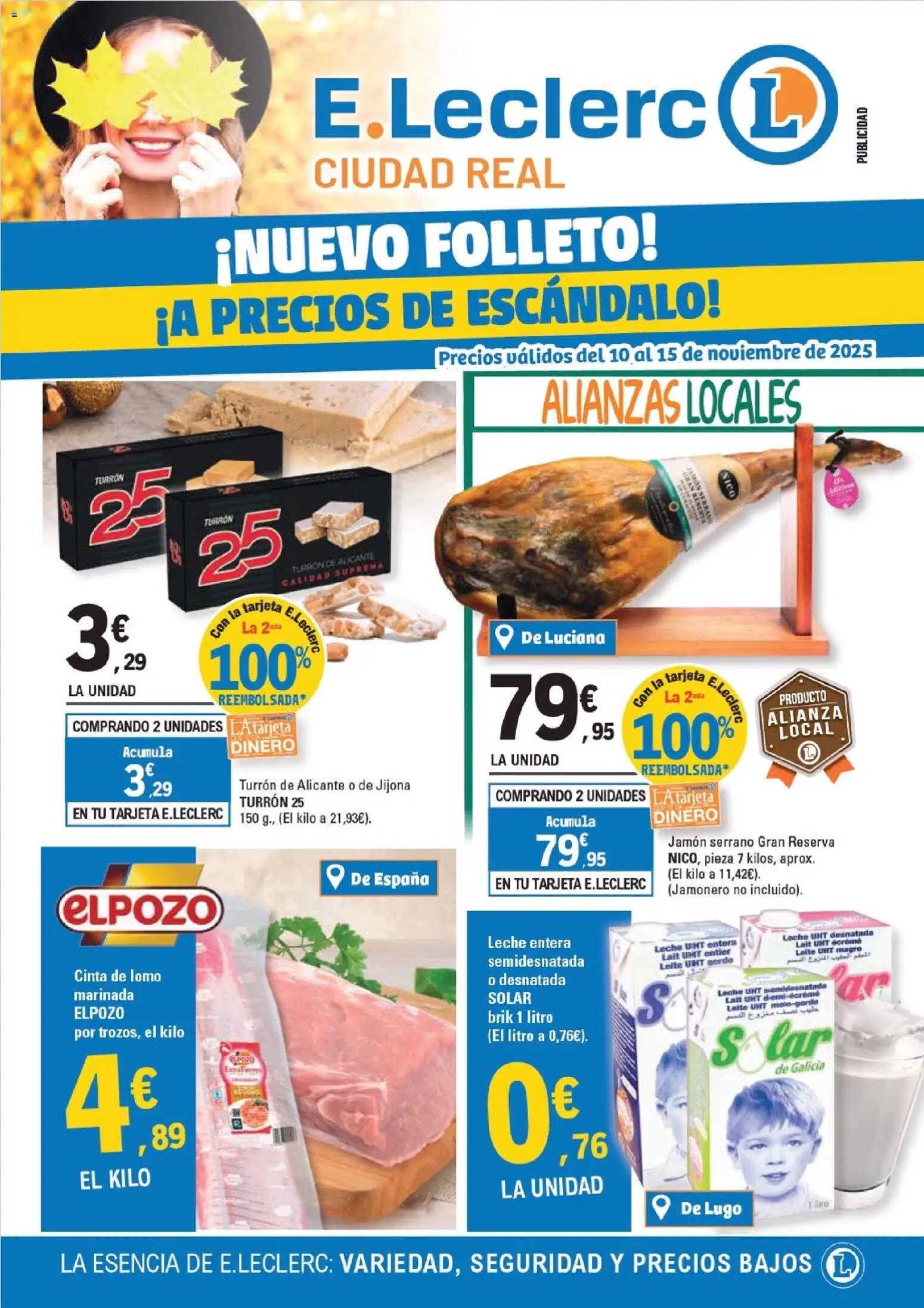 E.Leclerc folleto │ válido desde el 10.11.2025 | Página: 1 | Productos: Jamón serrano, Leche entera, Leche, Jamón