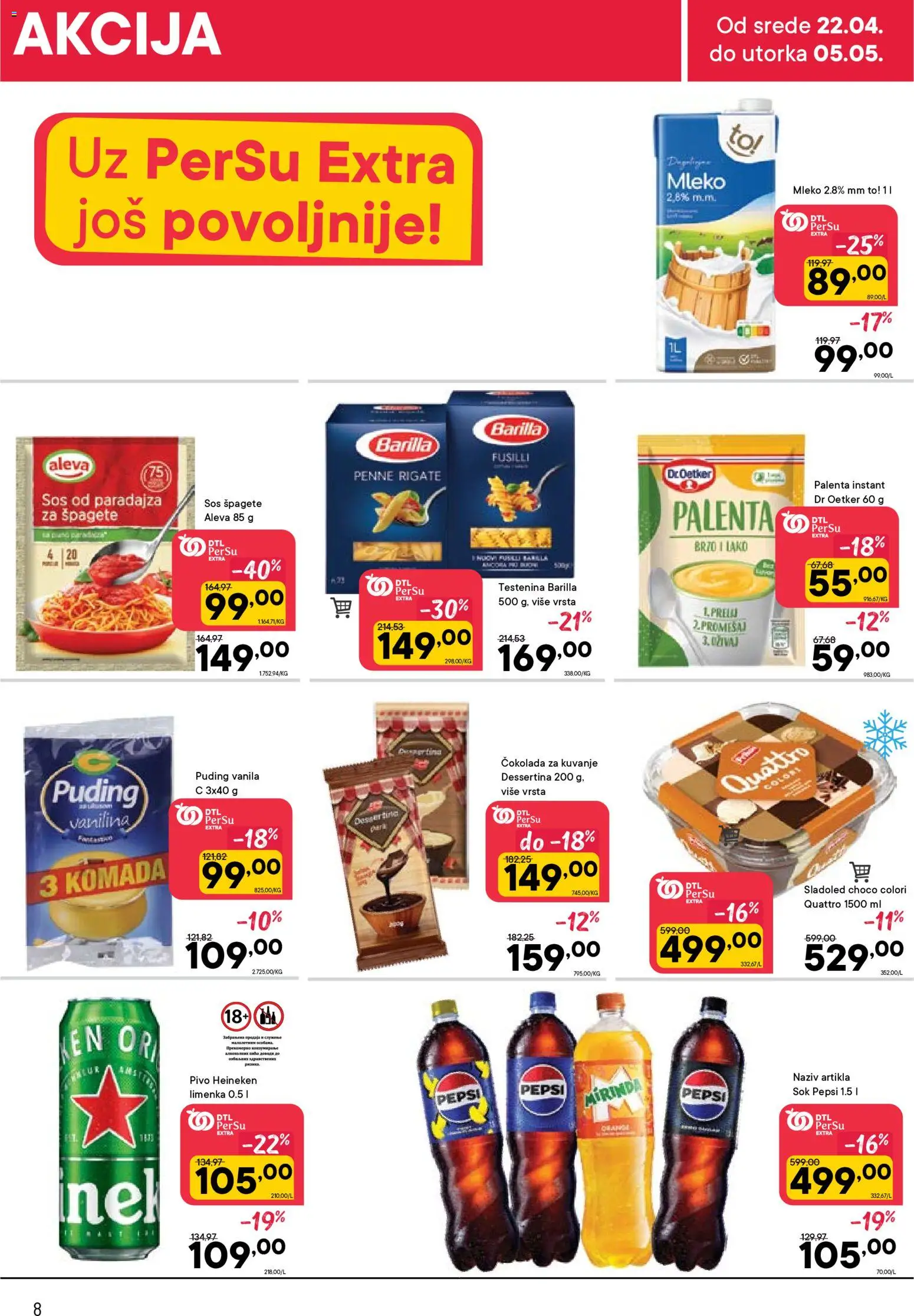 PerSu katalog - važi od 22.04.2026 | Strana: 8 | Proizvode: Testenina, Čokolada, Pivo, Pepsi
