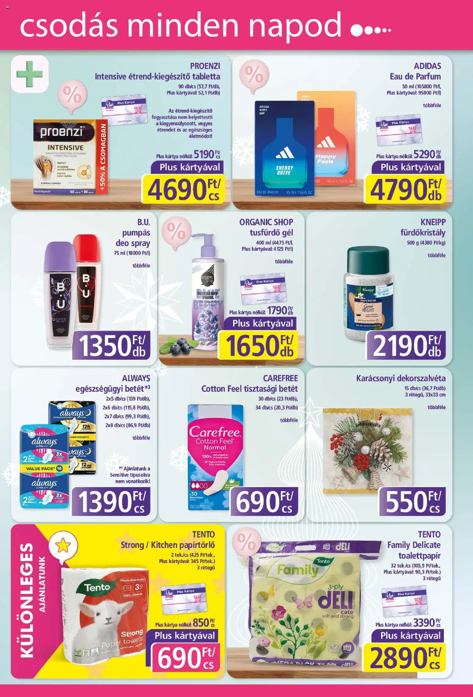 Plus Market akciós ujság - amely érvényes a következő dátumtól: 18.12.2025 | Oldal: 5 | Termékek: Papírtörlő, Tisztasági betét, Parfüm, Tusfürdő