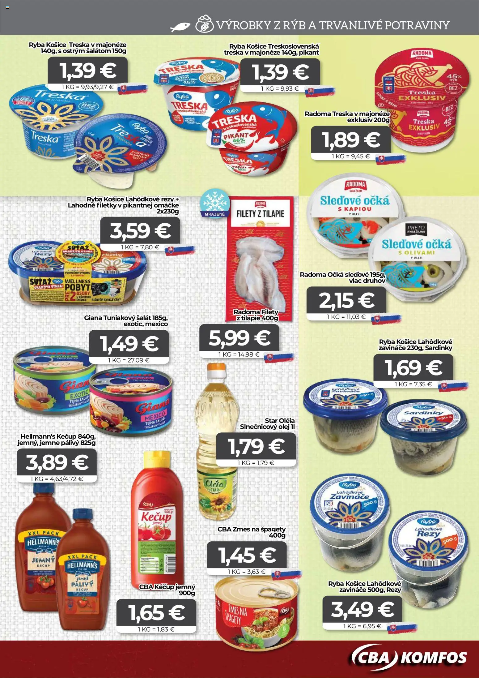 Nové CBA Komfos akcie – leták je platný od 20.02.2026 | Strana: 7 | Produkty: Olej, Ryba, Šalát, Treska