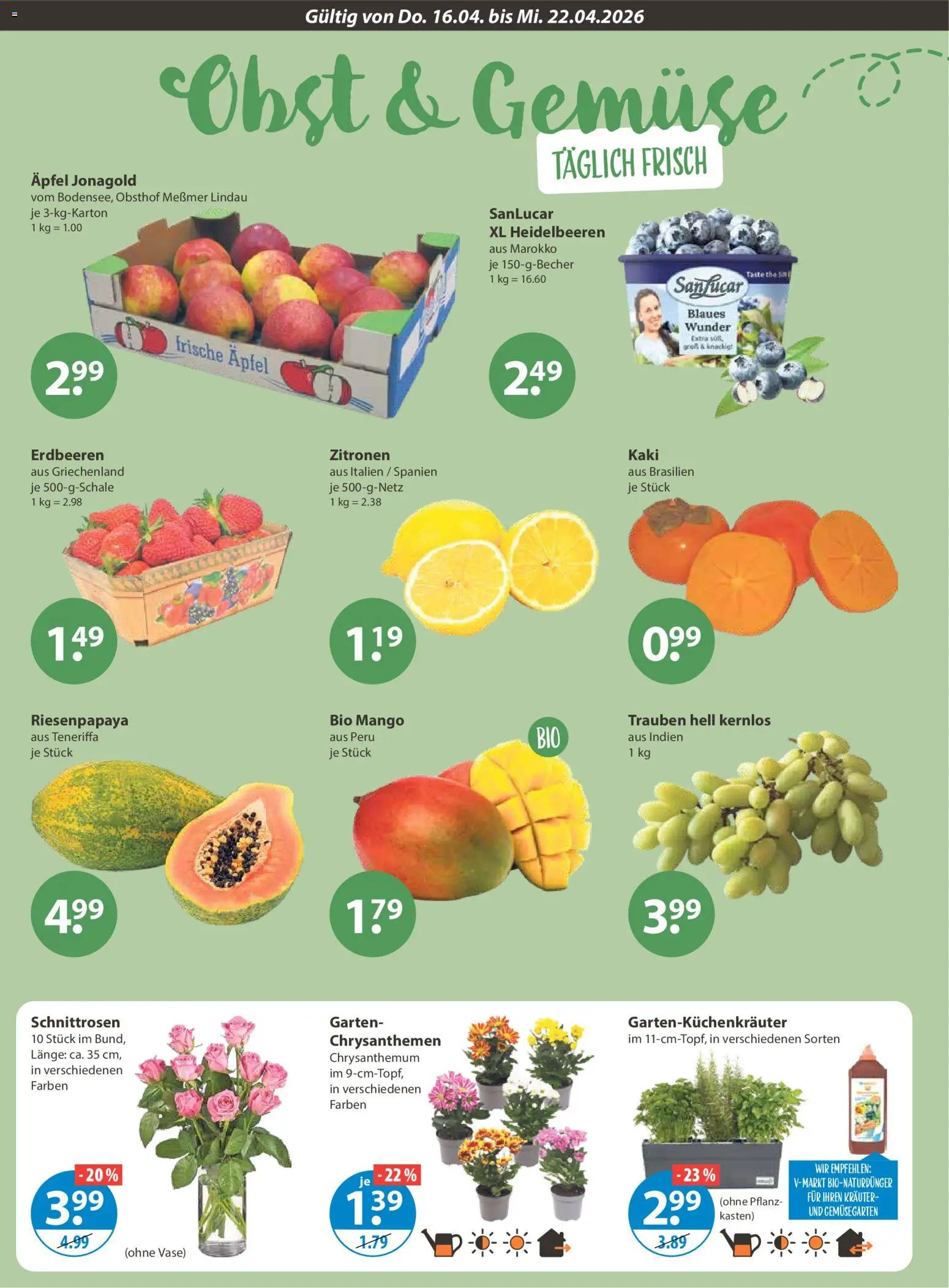 V-Markt Schwaben / Oberbayern – gültig ab 16.04.2026 | Seite: 4 | Produkte: Vase, Äpfel, Heidelbeeren, Gemüse