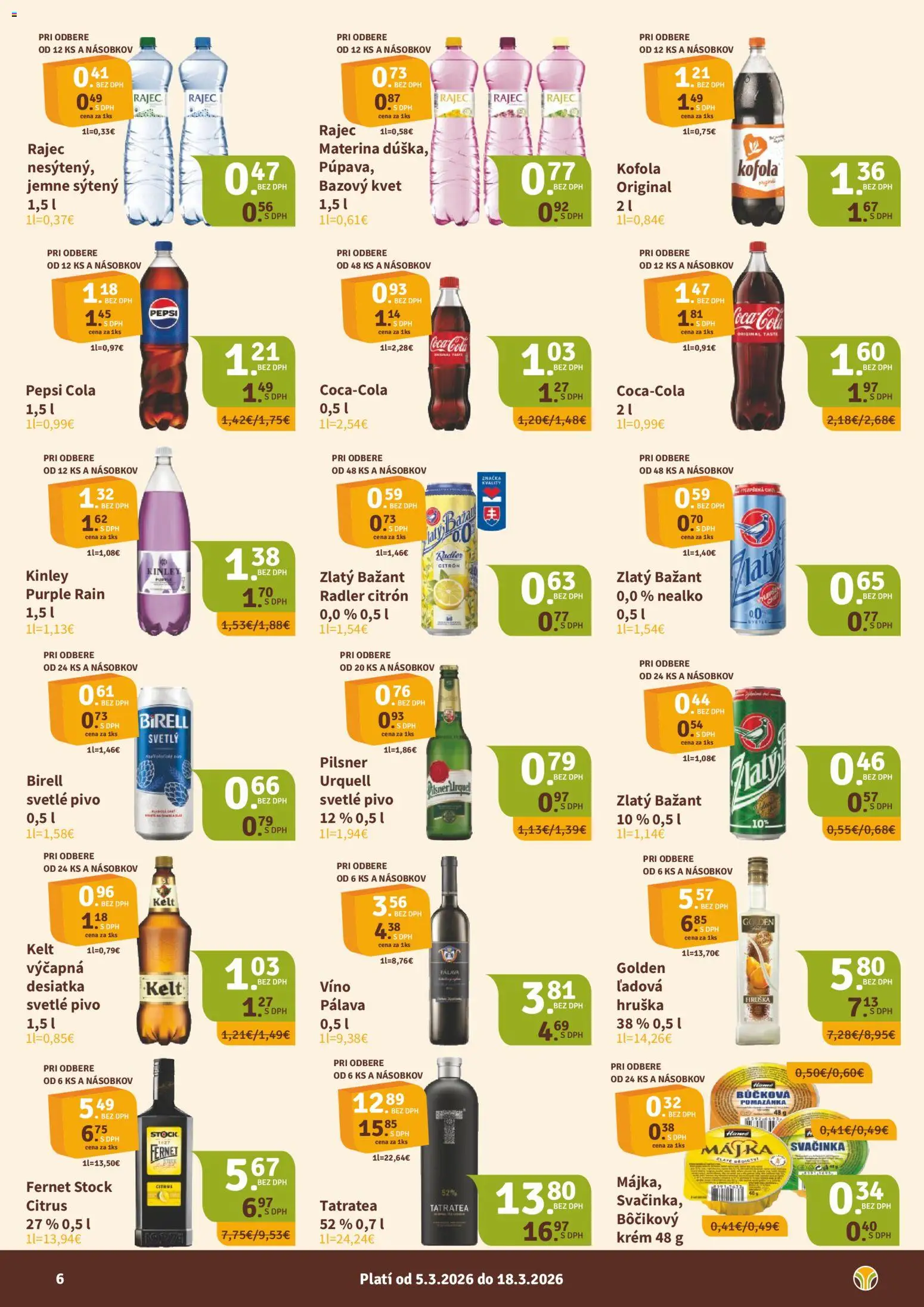 Nové Nitrazdroj akcie – leták je platný od 05.03.2026 | Strana: 6 | Produkty: Pivo, Fernet, Fernet Stock, Cola