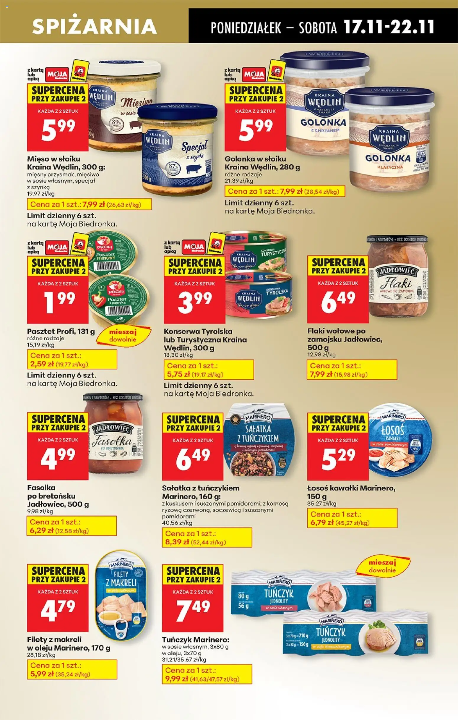 Biedronka gazetka od 17.11.2025 | Strona: 53 | Produkty: Łosoś, Sałatka z tuńczykiem, Flaki wołowe, Mięso w słoiku