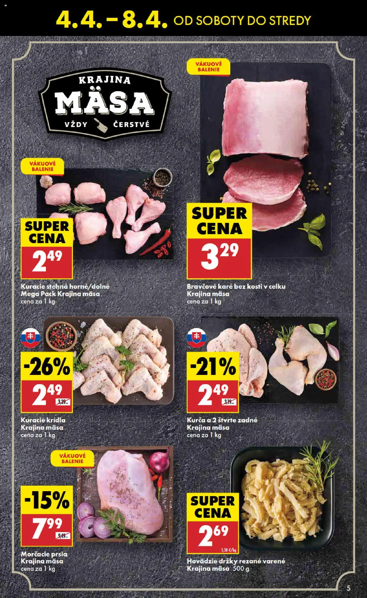 Nové Biedronka akcie – leták je platný od 04.04.2026 | Strana: 5 | Produkty: Kuracie stehná, Kuracie krídla, Kurča, Bravčové karé