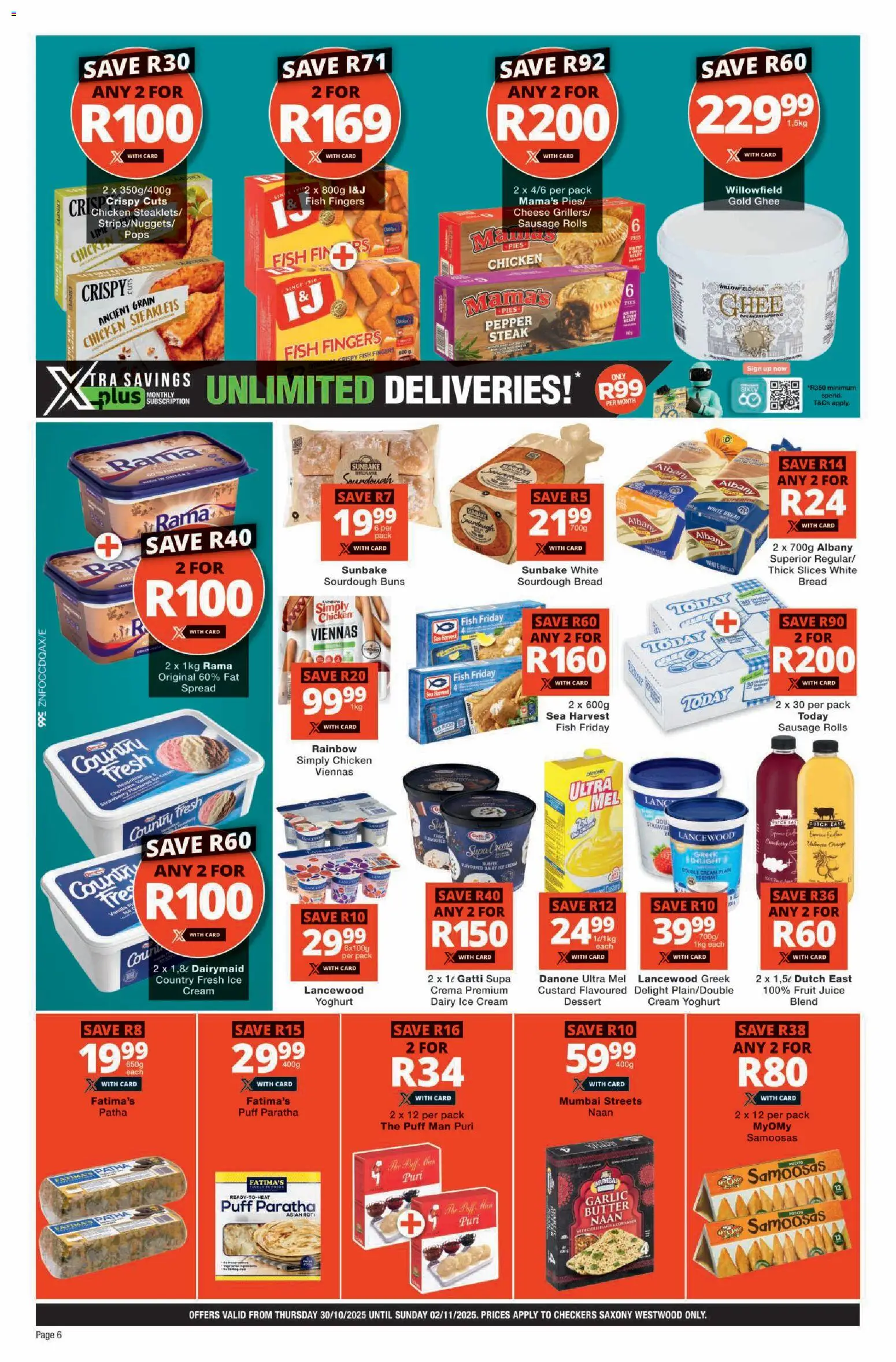 New Checkers catalogue – valid from 30.10.2025 | Page: 6 | Products: Custard, Butter, Bread, Fruit