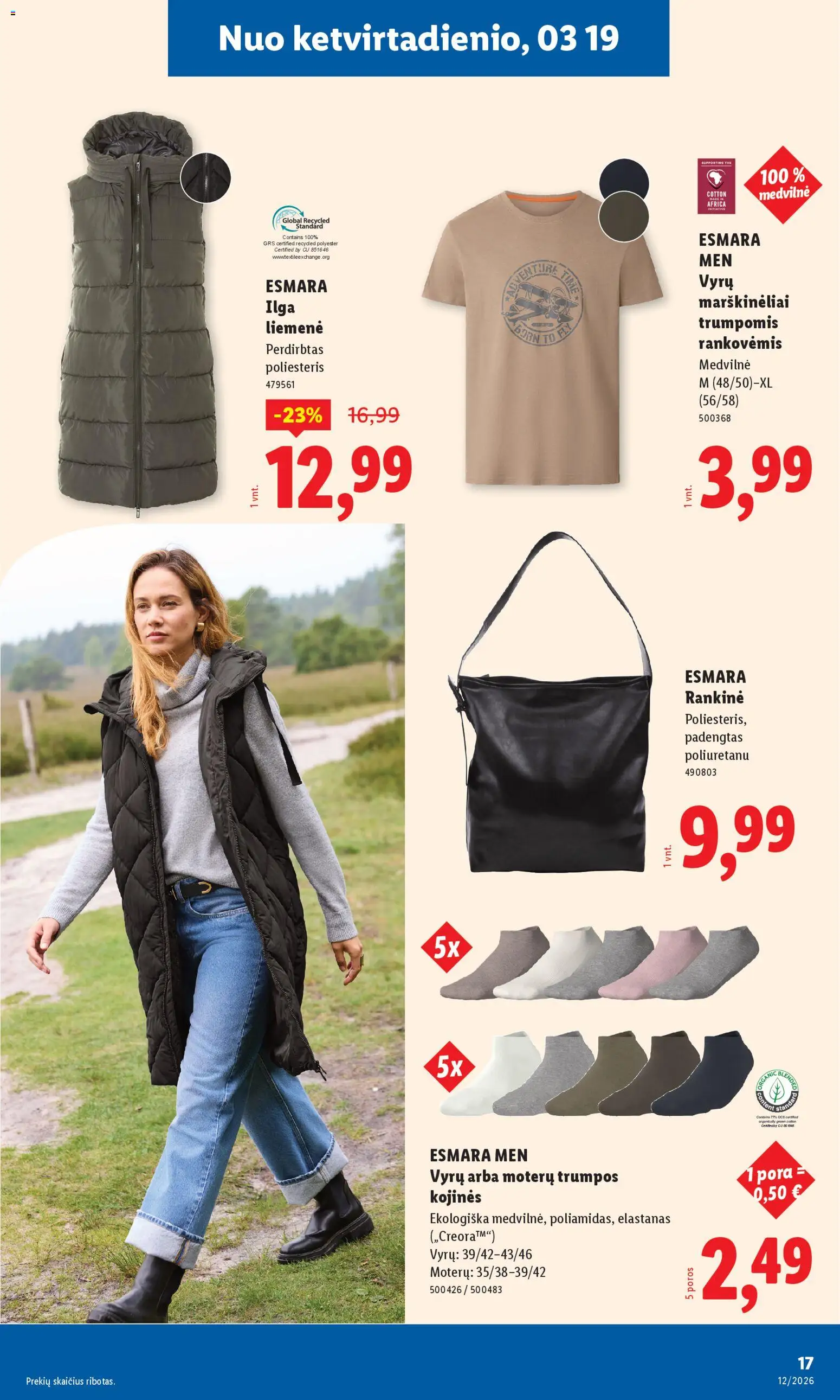 LIDL akcijos nuo 16.03.2026 | Puslapis: 17 | Prekių: Marškinėliai, Liemenė, Kojinės, Rankinė