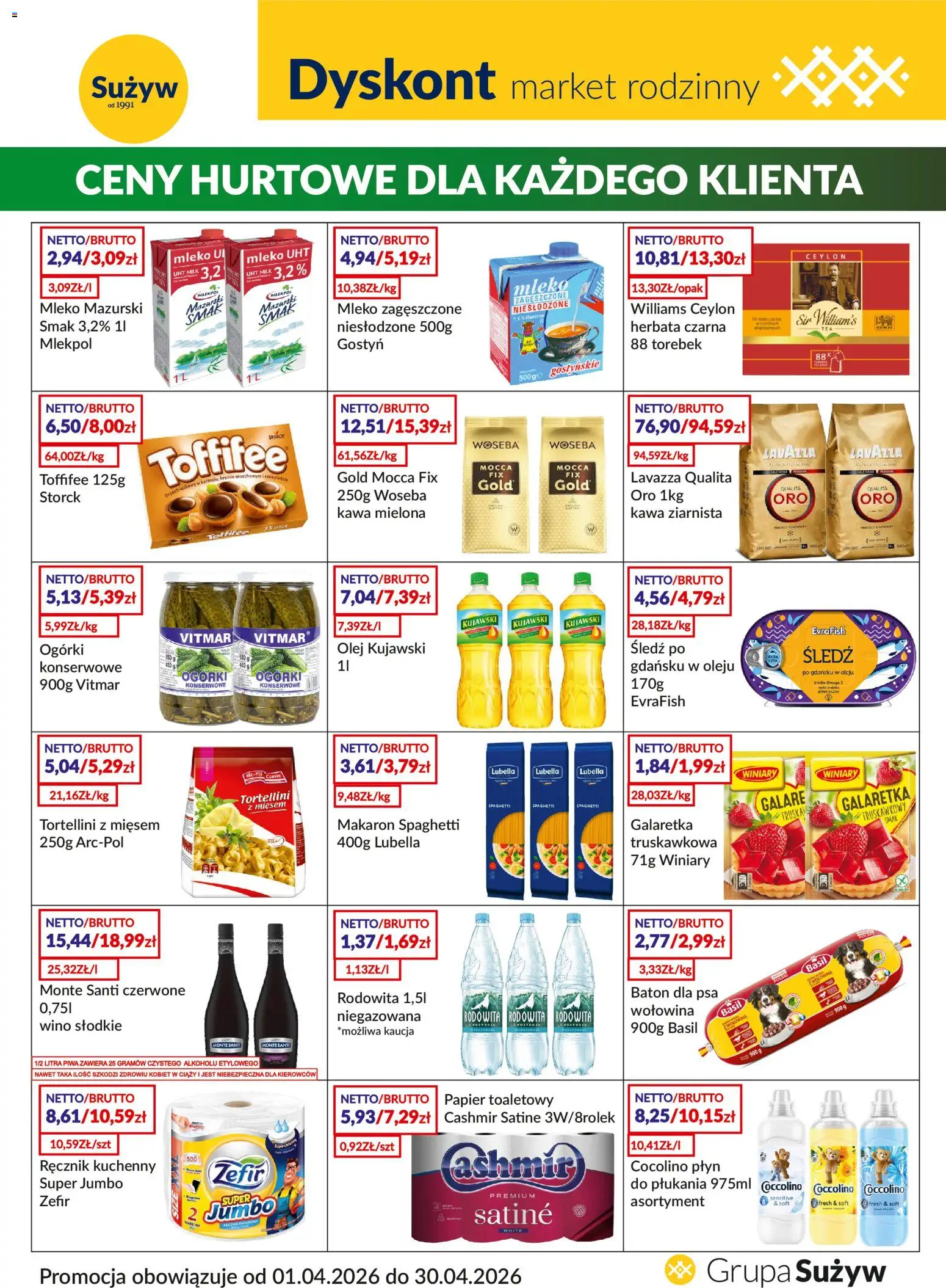 Sużyw gazetka - Dyskont od 01.04.2026 | Strona: 1 | Produkty: Tortellini z mięsem, Lavazza, Coccolino, Herbata