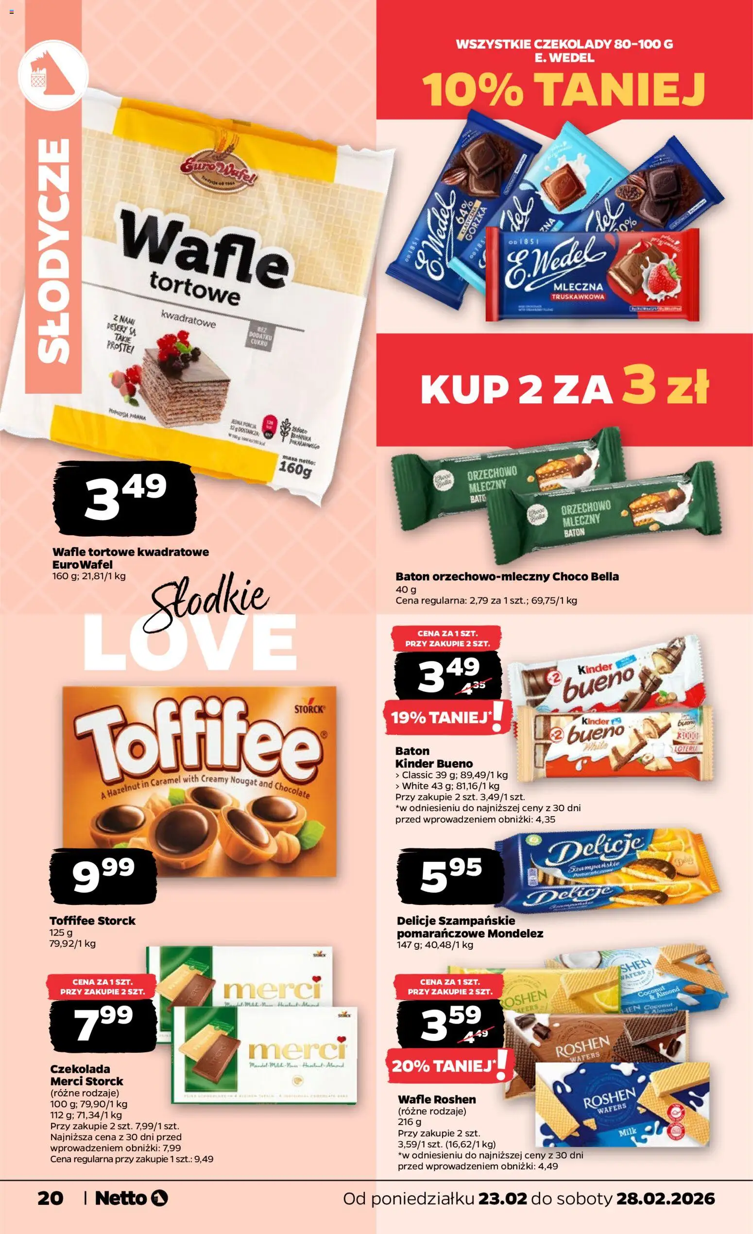 Netto gazetka - Spożywcza od 23.02.2026 | Strona: 20 | Produkty: Czekolady, Słodycze, Merci, Kinder Bueno