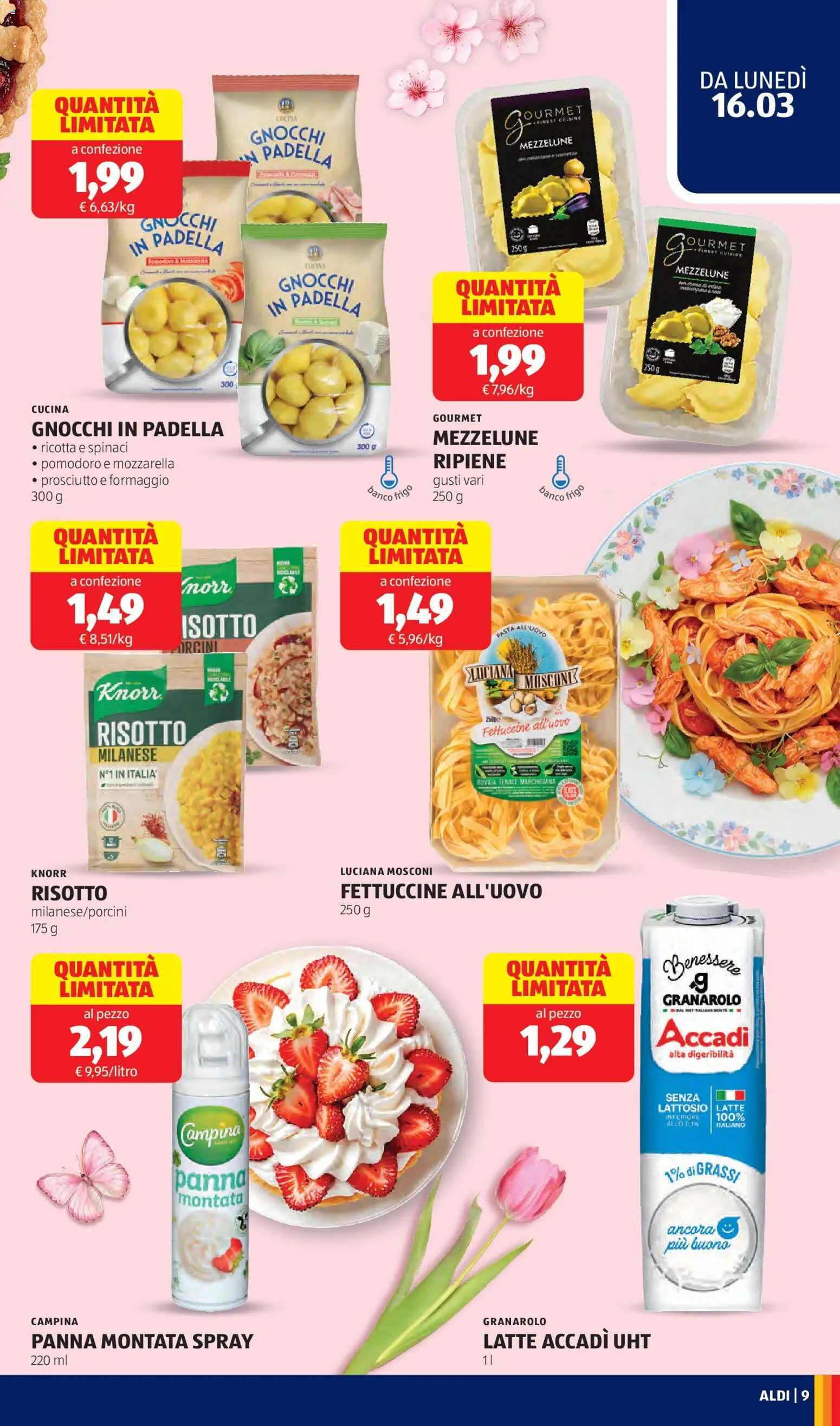 Volantino Aldi del 16.03.2026 | Pagina: 9 | Prodotti: Latte, Spinaci, Ricotta, Padella