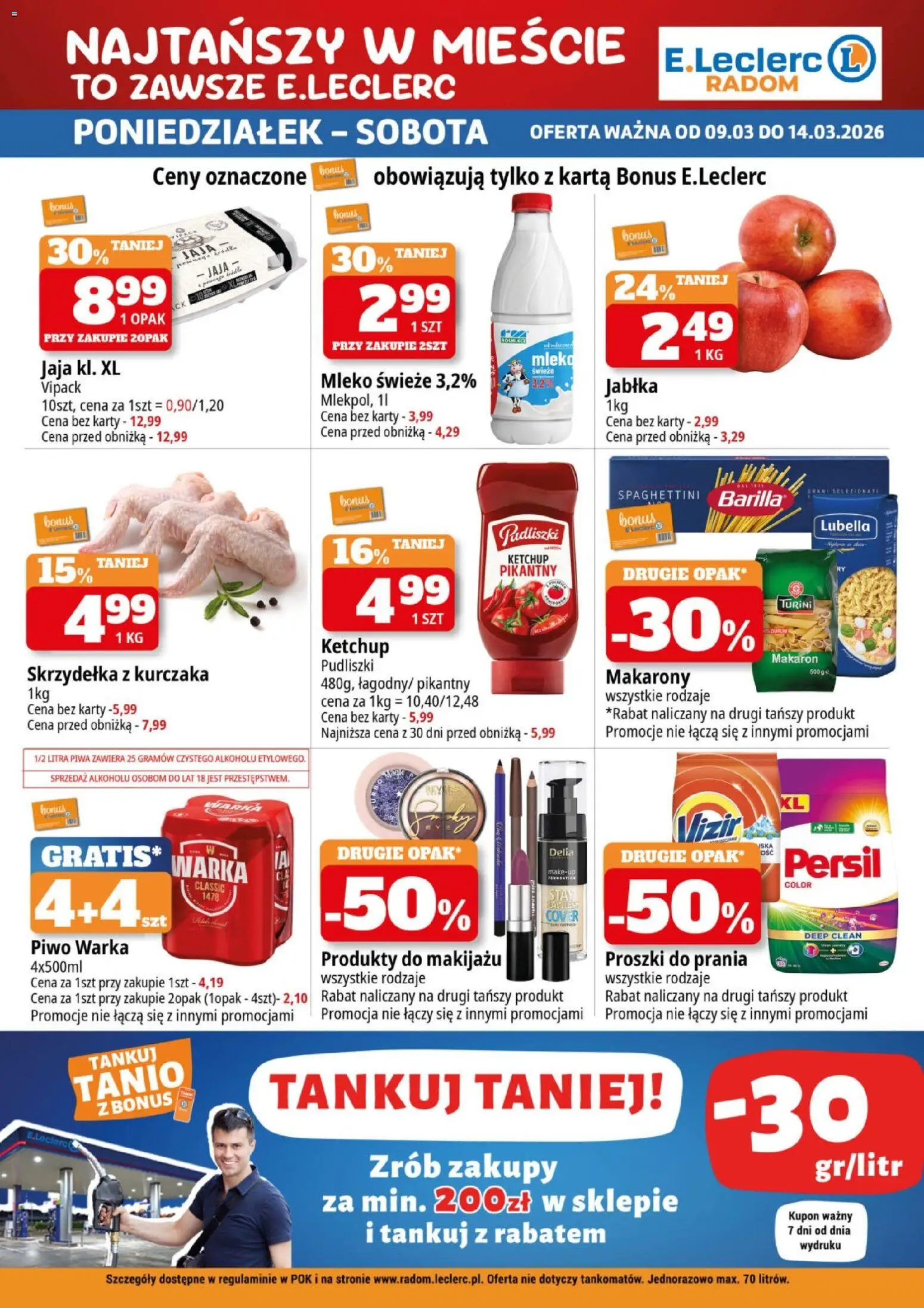 E.Leclerc gazetka - Radom od 09.03.2026 | Strona: 4 | Produkty: Proszki do prania, Piwo Warka, Makaron, Jaja