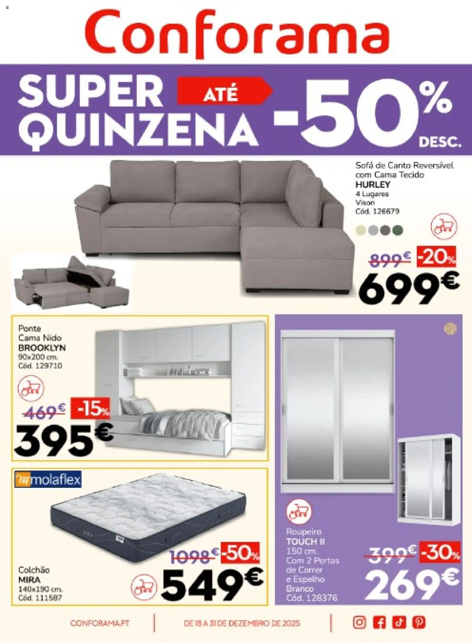 Conforama folheto │ válido de 18.12.2025 | Página: 1 | Produtos: Roupeiro, Cama, Sofá, Espelho
