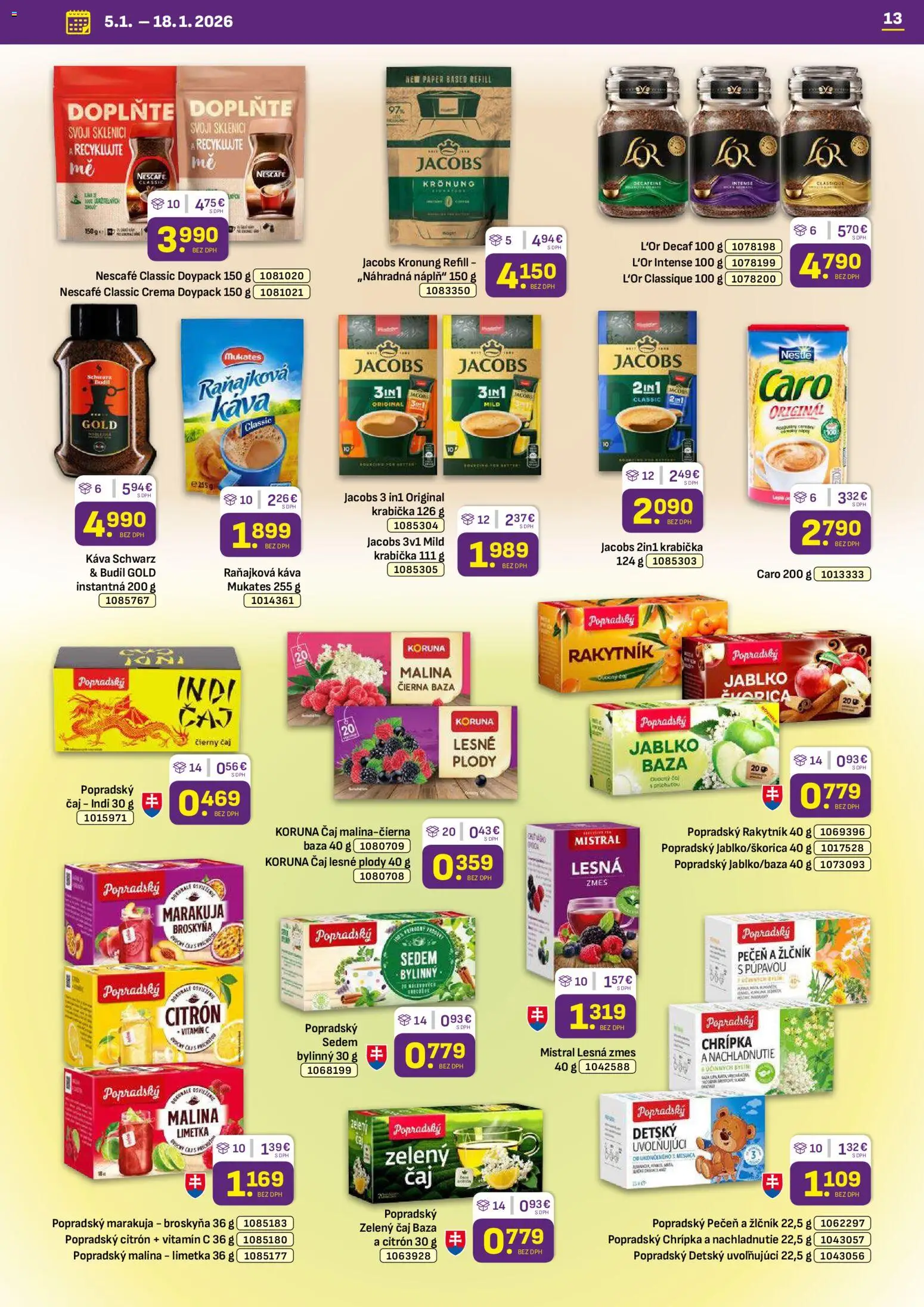 Nové Libex akcie – leták je platný od 05.01.2026 | Strana: 13 | Produkty: Čaj, Jacobs Krönung, Caro, Nescafé Classic