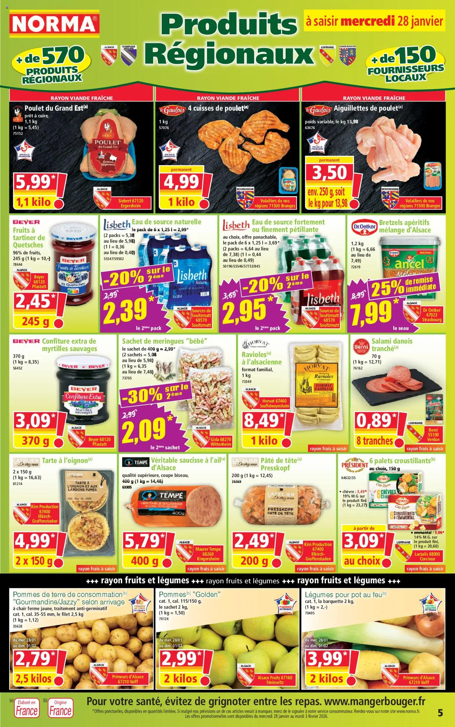 {H1} | Page: 5 | Produits: Myrtilles, Eau de source, Viande, Pommes de terre