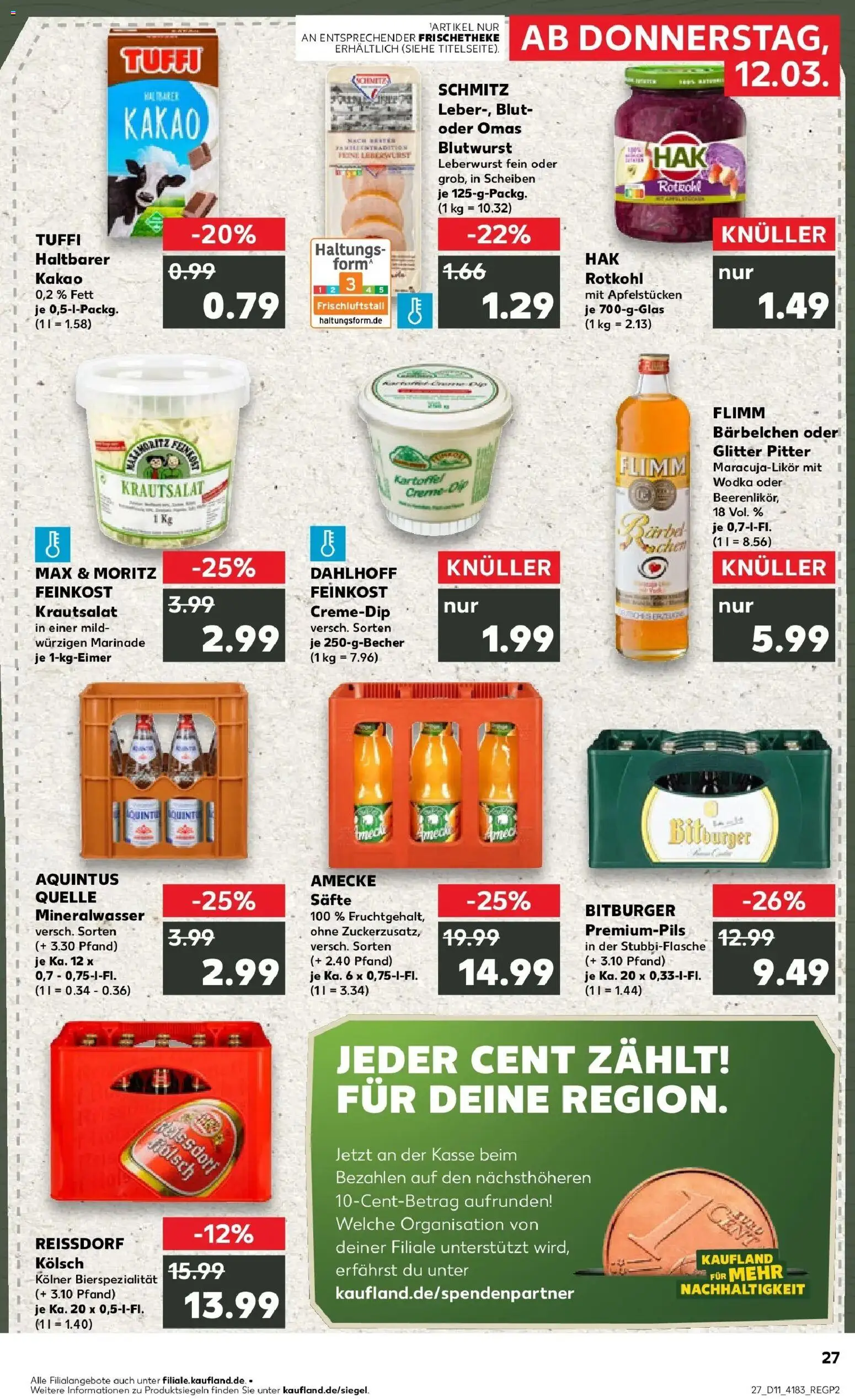 Kaufland Prospekt Düren	 – gültig ab 12.03.2026 | Seite: 27 | Produkte: Bitburger, Rotkohl, Mineralwasser, Creme