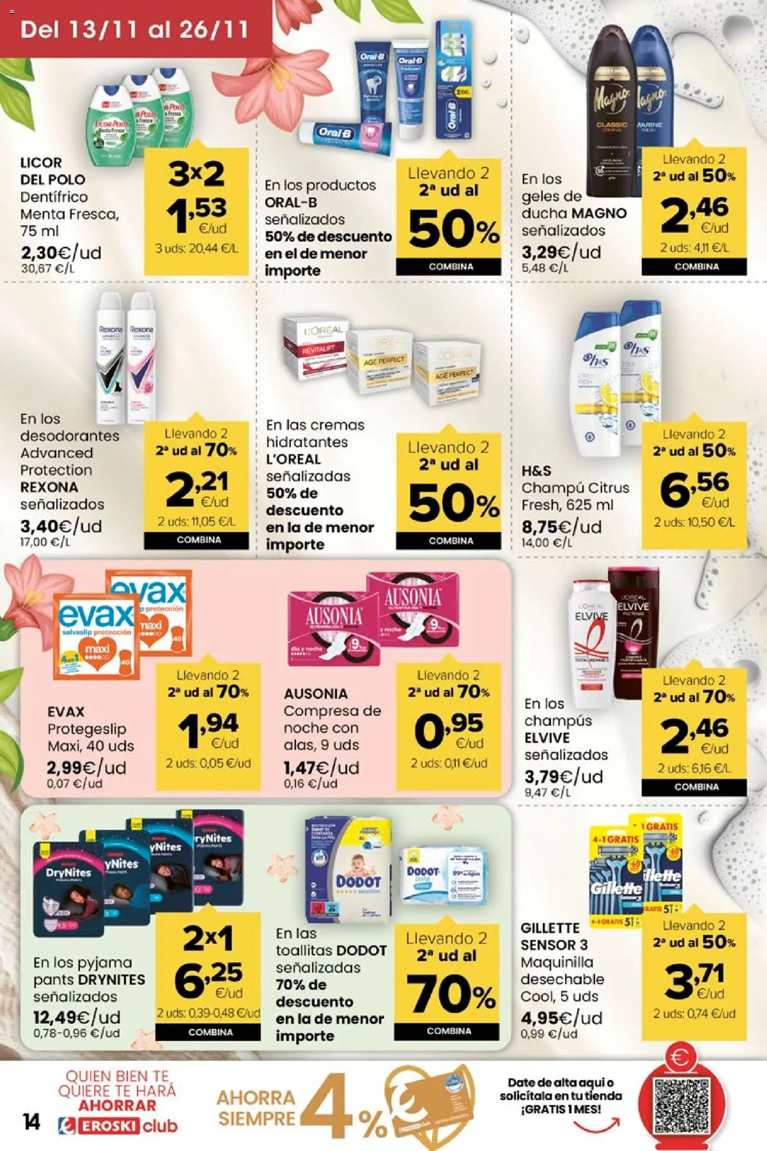 Eroski - Miramos por ti │ válido desde el 13.11.2025 | Página: 14 | Productos: Champú, Licor, Té, Ducha