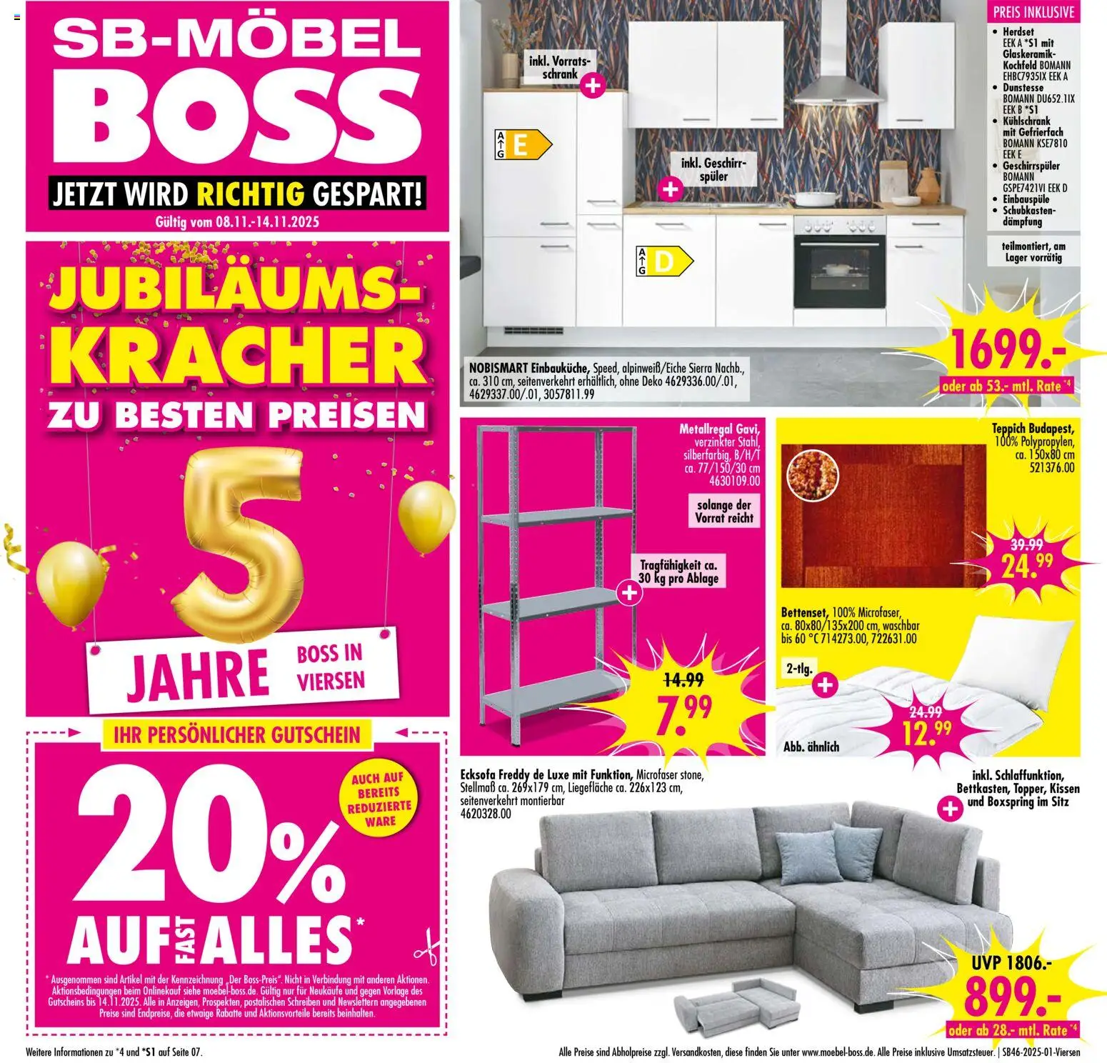 SB Möbel Boss Prospekt Viersen – gültig ab 08.11.2025 | Seite: 1 | Produkte: Geschirrspüler, Teppich, Kühlschrank, Kochfeld