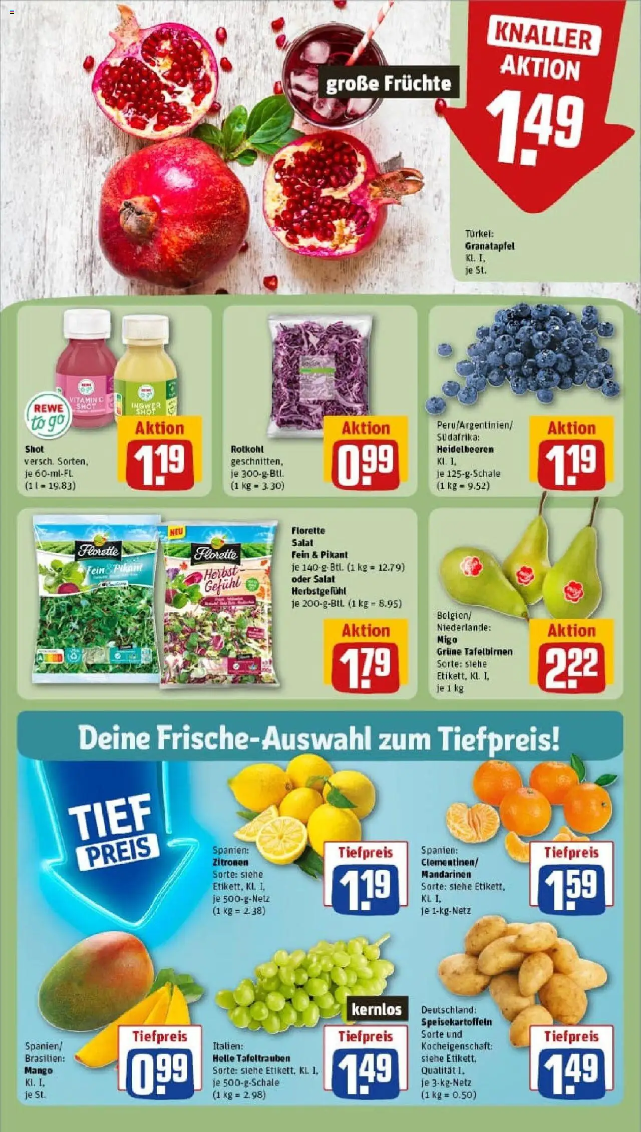 Rewe prospekt Essen	 – gültig ab 19.10.2025 | Seite: 6 | Produkte: Granatapfel, Rotkohl, Heidelbeeren, Mango