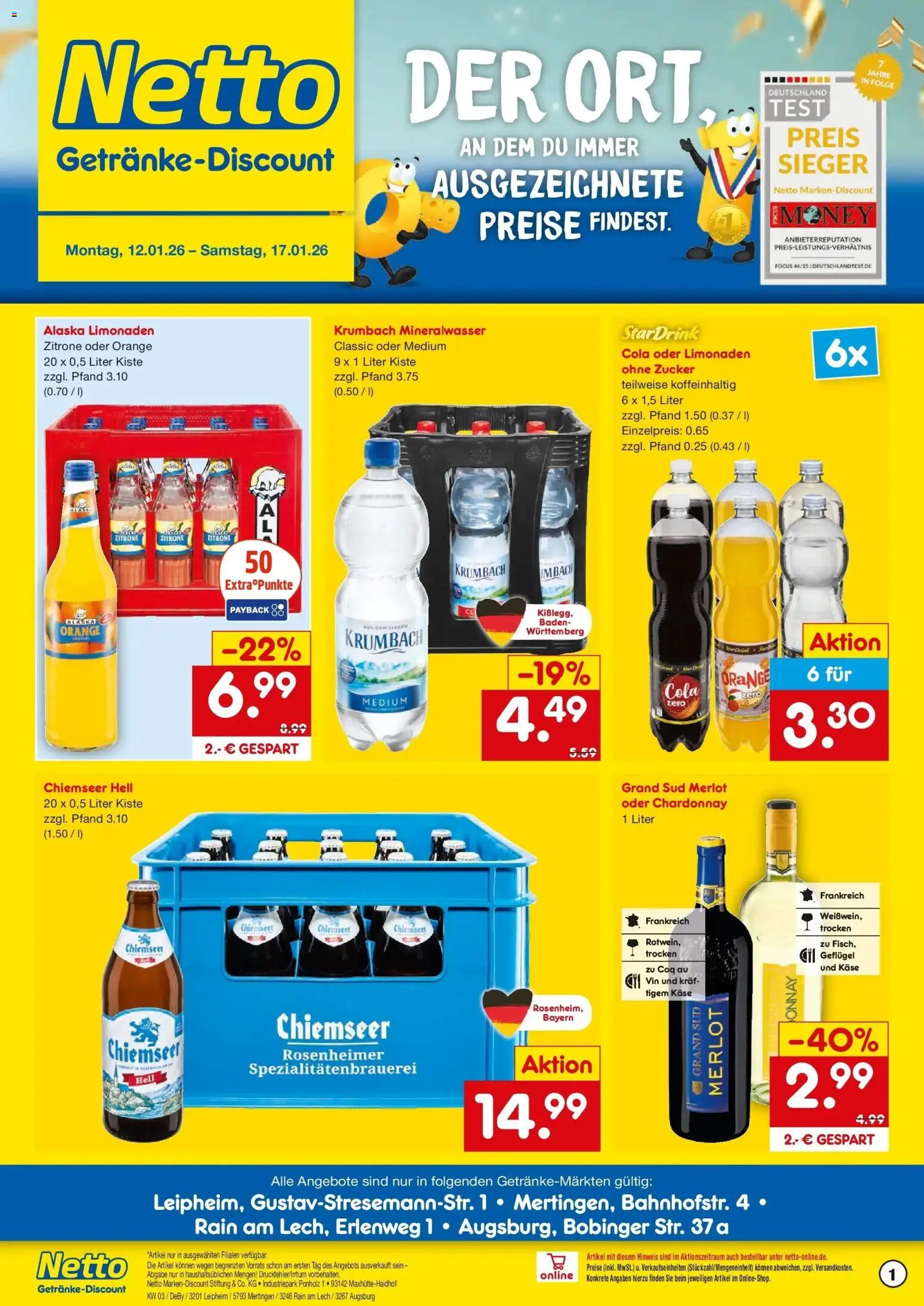 Netto Marken-Discount prospekt Rain Am Lech	 – gültig ab 12.01.2026 | Seite: 1 | Produkte: Cola, Käse, Merlot, Zitrone