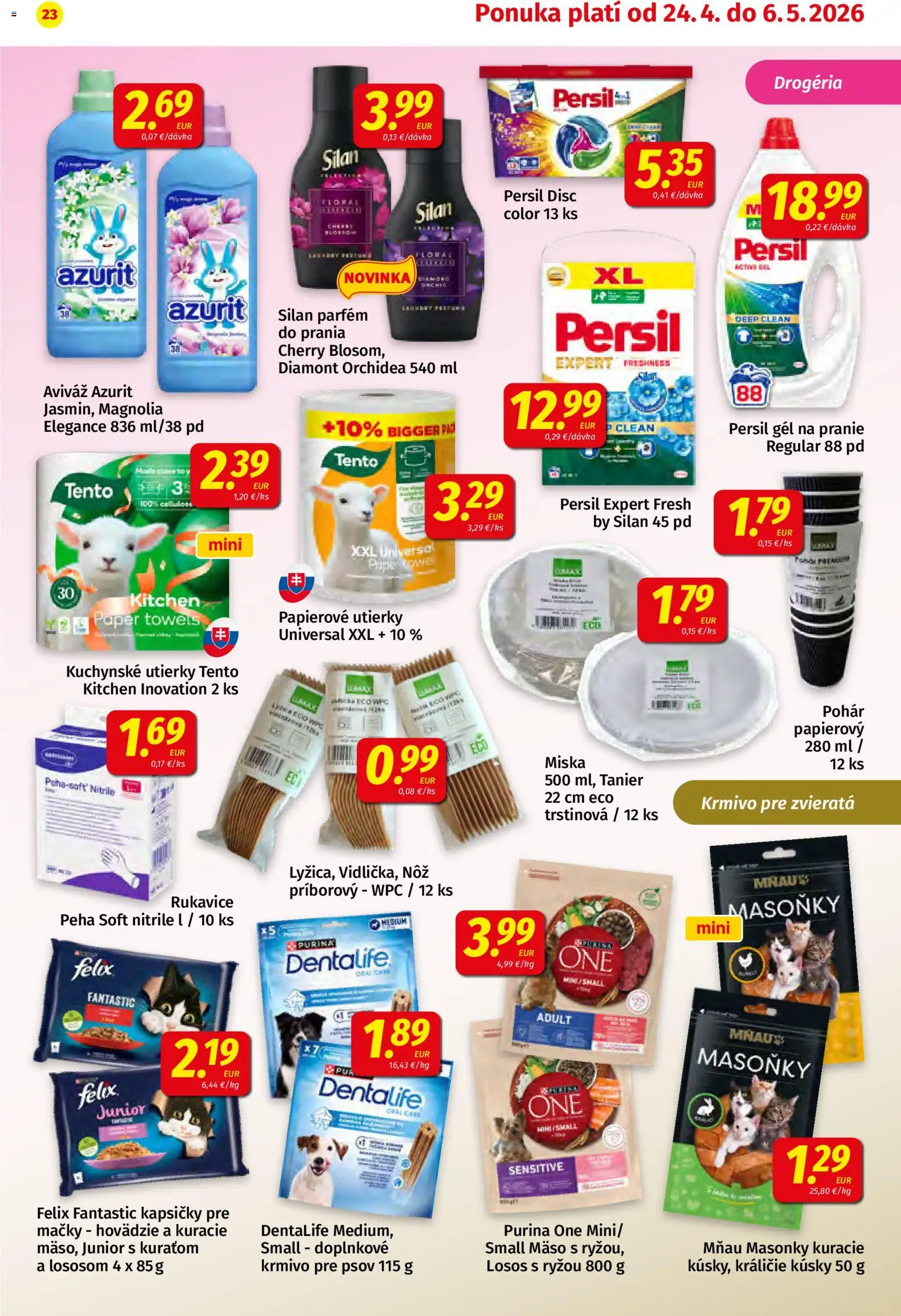 Nové Koruna akcie – leták je platný od 24.04.2026 | Strana: 23 | Produkty: Felix, Parfém, Silan, Losos