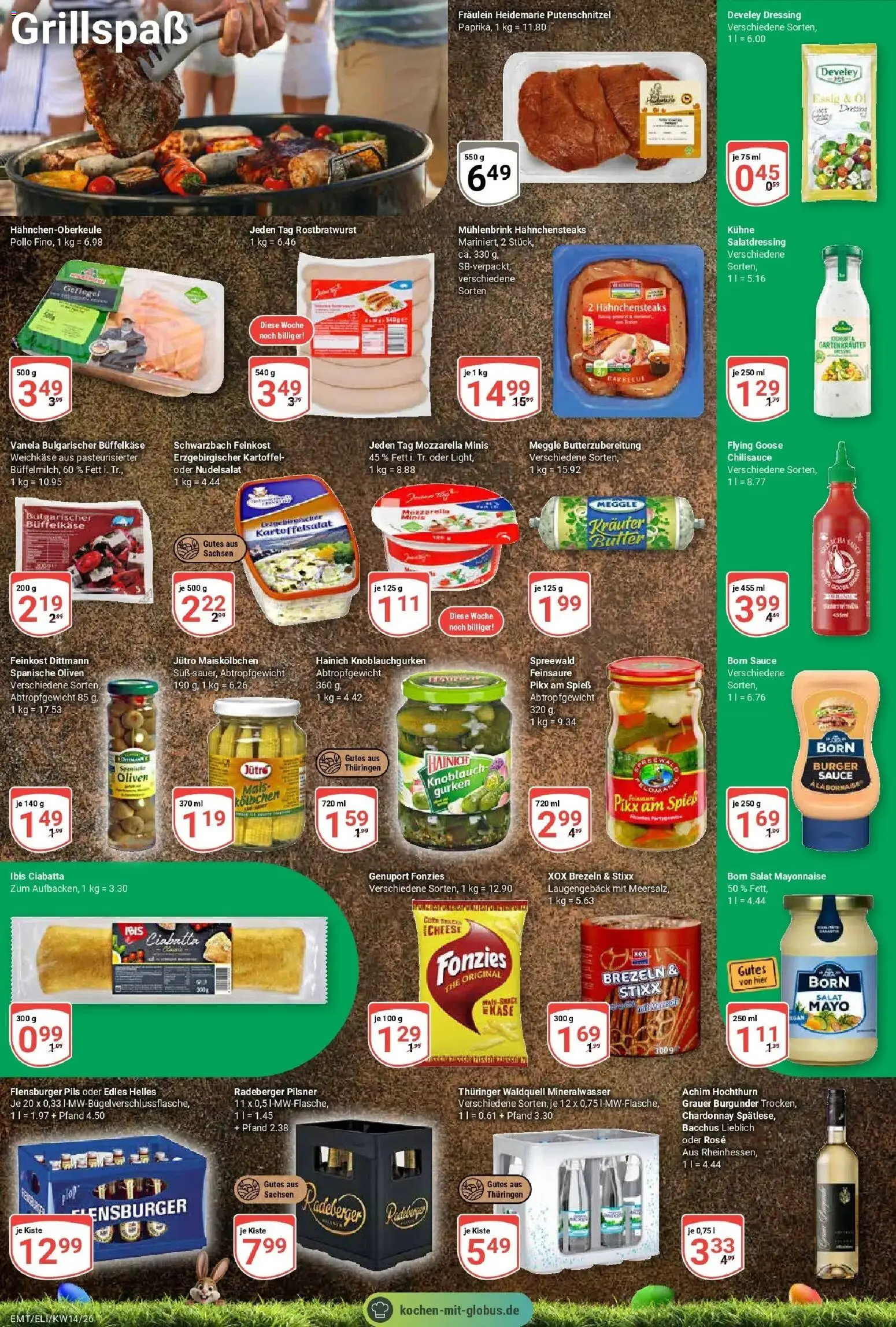 Globus prospekt Erfurt-Linderbach	 – gültig ab 30.03.2026 | Seite: 14 | Produkte: Essig, Mozzarella, Mineralwasser, Radeberger pilsner
