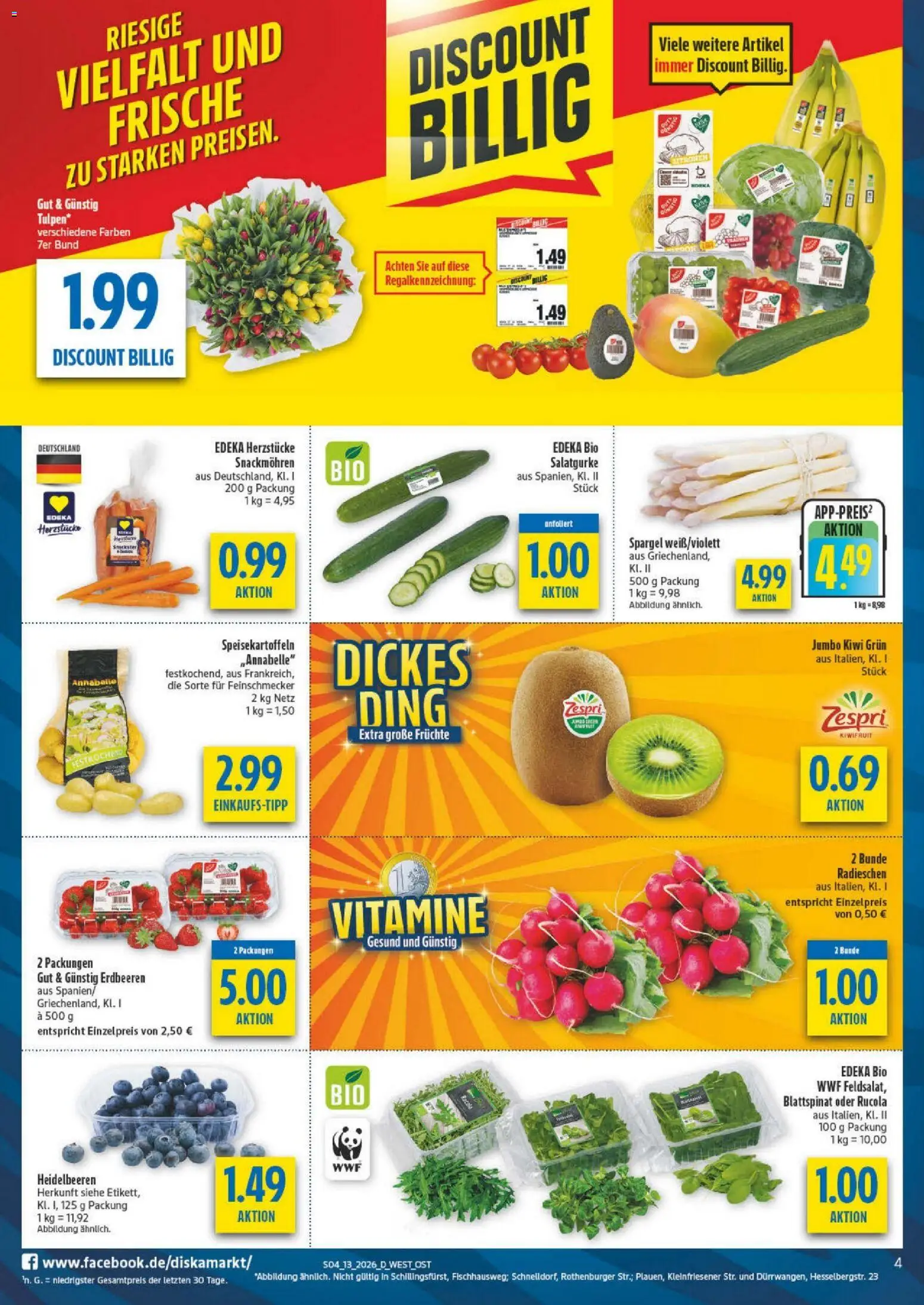 Diska Prospekt 	 – gültig ab 23.03.2026 | Seite: 4 | Produkte: Rucola, Spargel, Heidelbeeren, Kiwi
