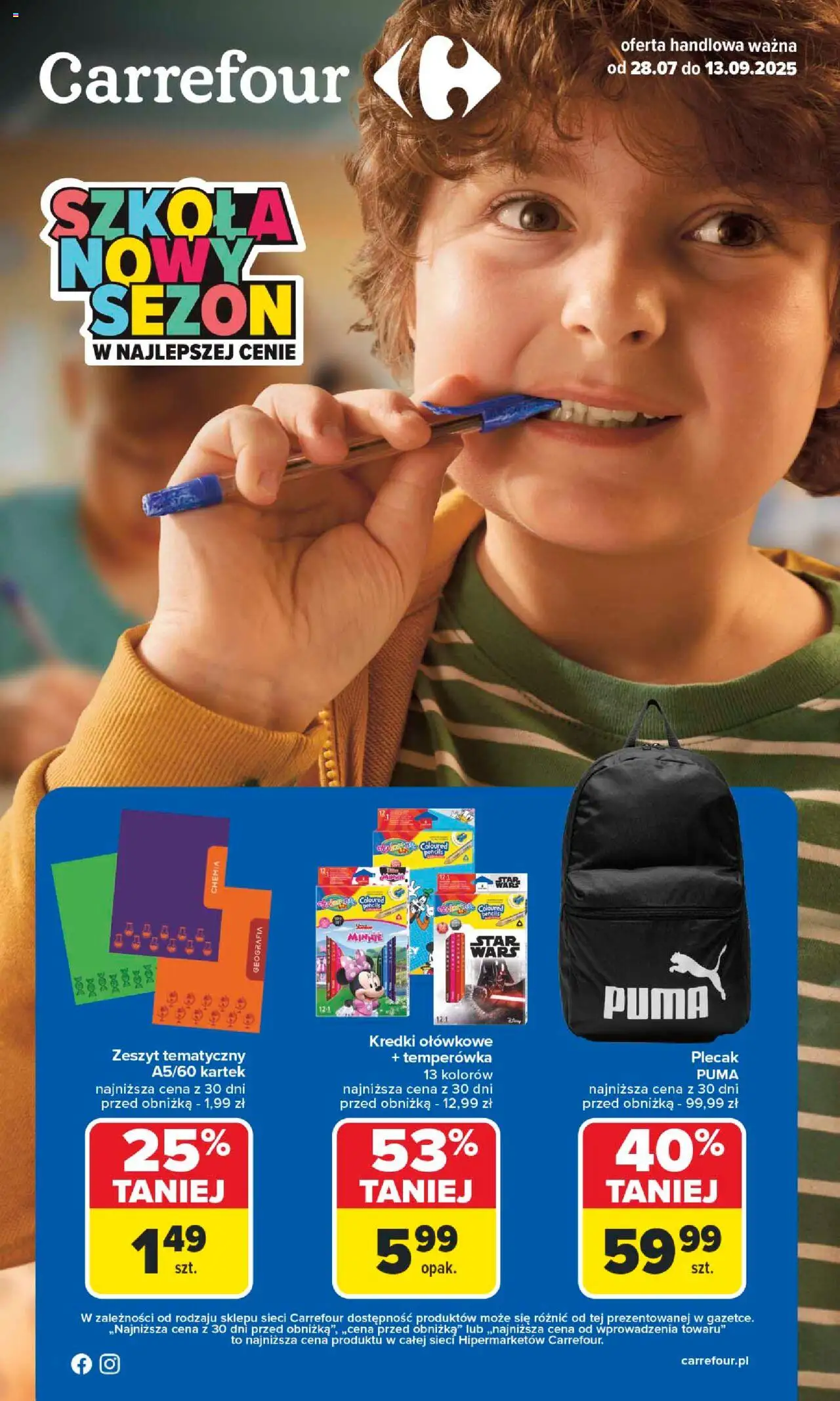 Carrefour - Gazetka Szkoła nowy sezon od 28.07.2025 | Strona: 1 | Produkty: Plecak, Temperówka, Zeszyt