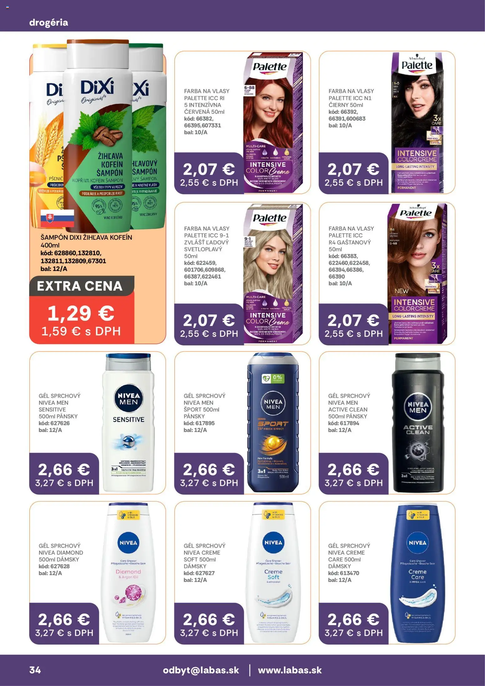 Nové Labaš akcie – leták je platný od 24.04.2026 | Strana: 34 | Produkty: Nivea, Šampón, Farba na vlasy, Sprchový gél