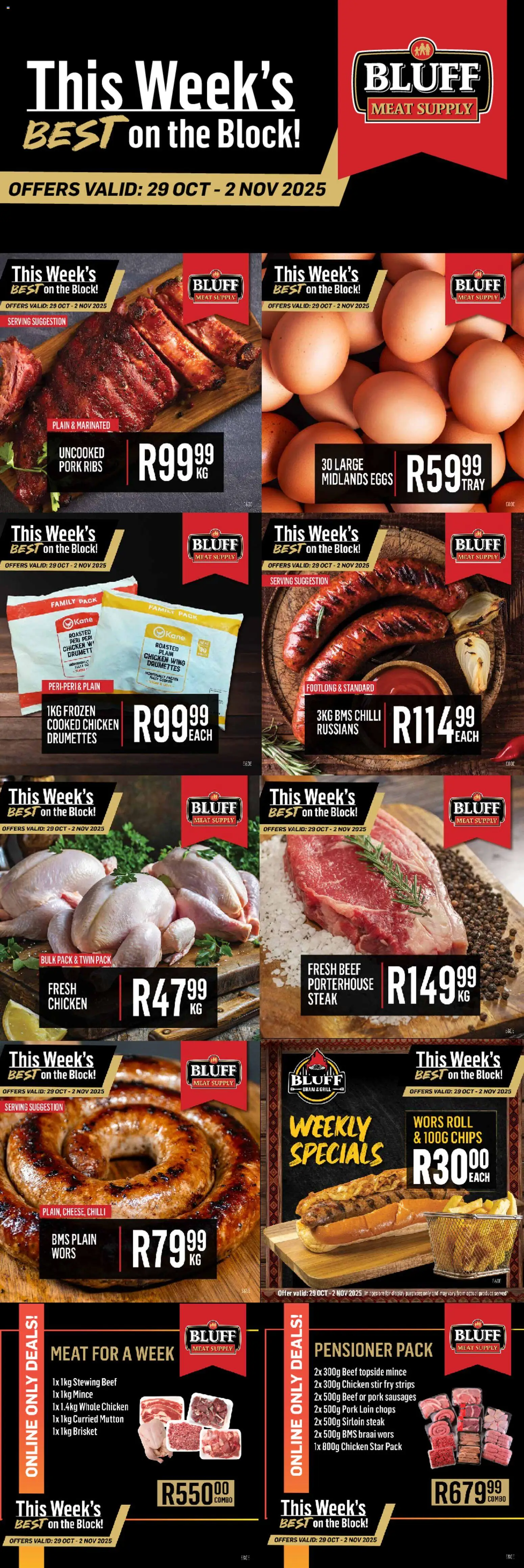 New Bluff Meat Supply catalogue – valid from 29.10.2025 | Page: 1 | Products: Tray, Steak, Chicken, Chips