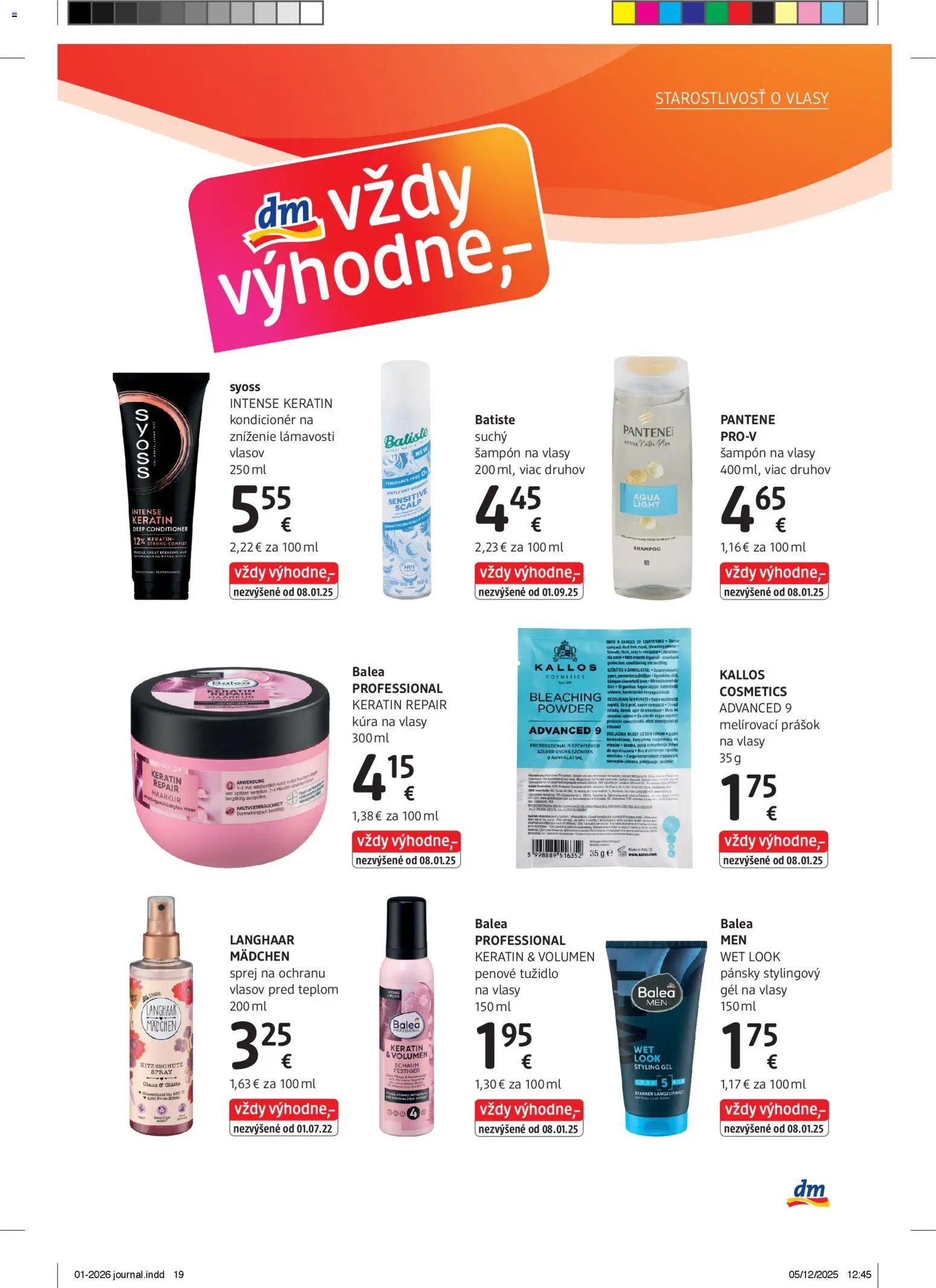 Nové dm drogerie akcie – leták je platný od 01.01.2026 | Strana: 19 | Produkty: Šampón, Kondicionér, Tužidlo na vlasy