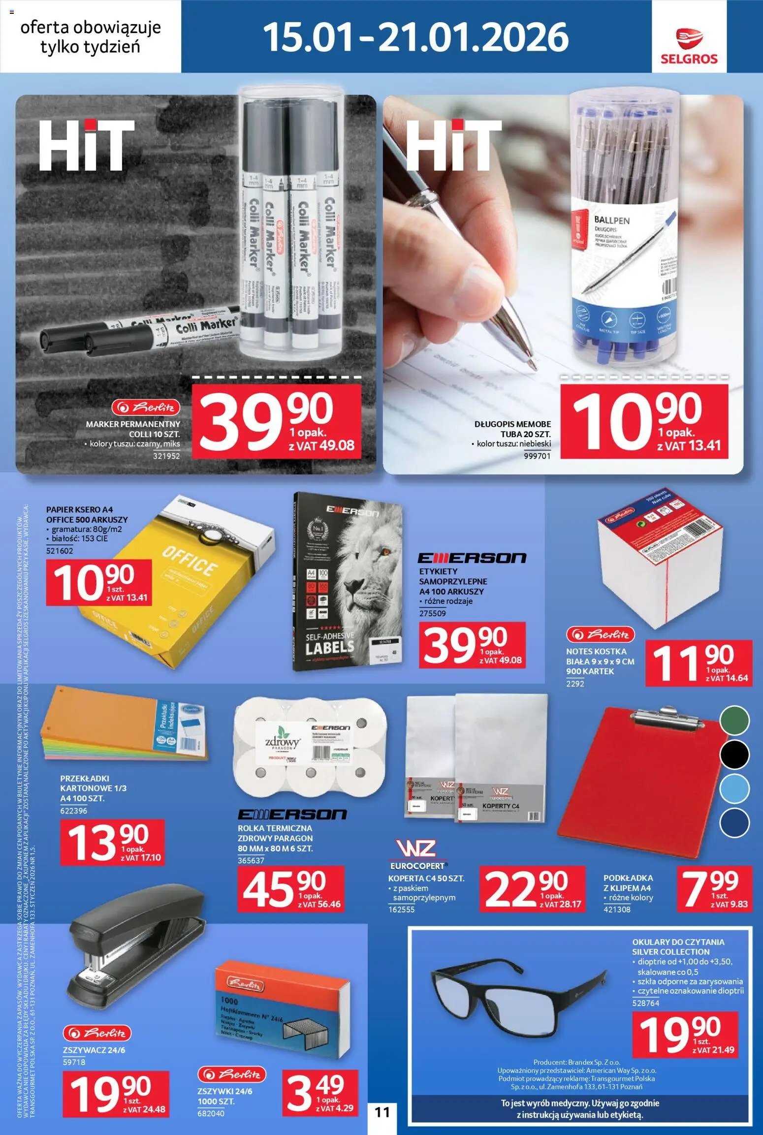 Selgros cash&carry Gazetka - Jeszcze więcej super promocji od 15.01.2026 | Strona: 11 | Produkty: Okulary, Papier ksero